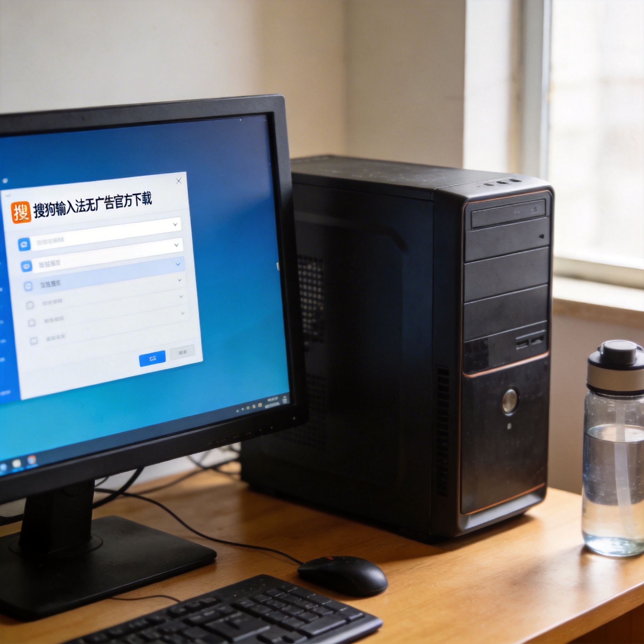 书桌上的主机，屏幕显示搜狗输入法无广告官方下载设置界面，桌角放着水杯，自然光
