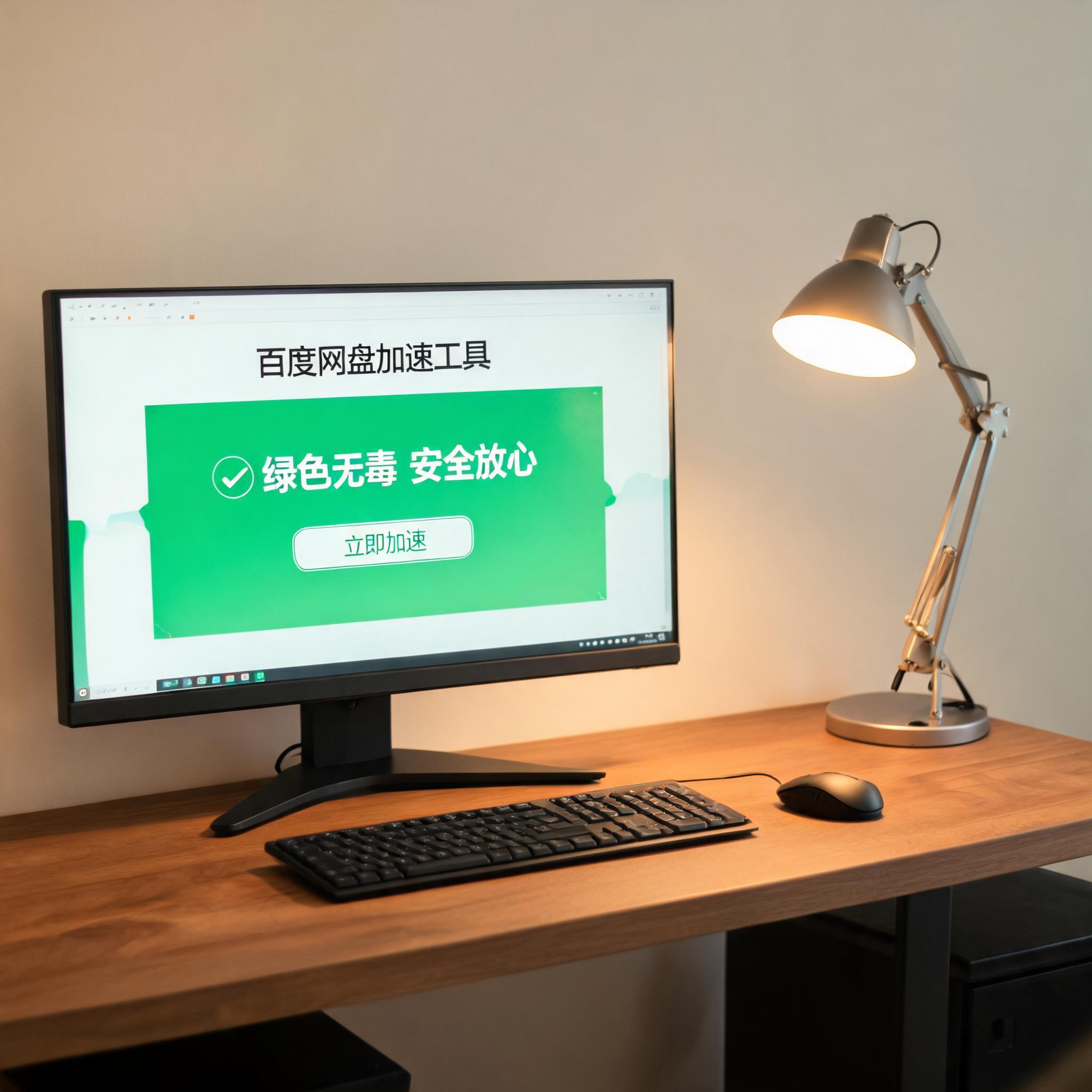 电脑桌上的电脑，屏幕显示百度网盘加速工具绿色无毒界面，旁边放着台灯