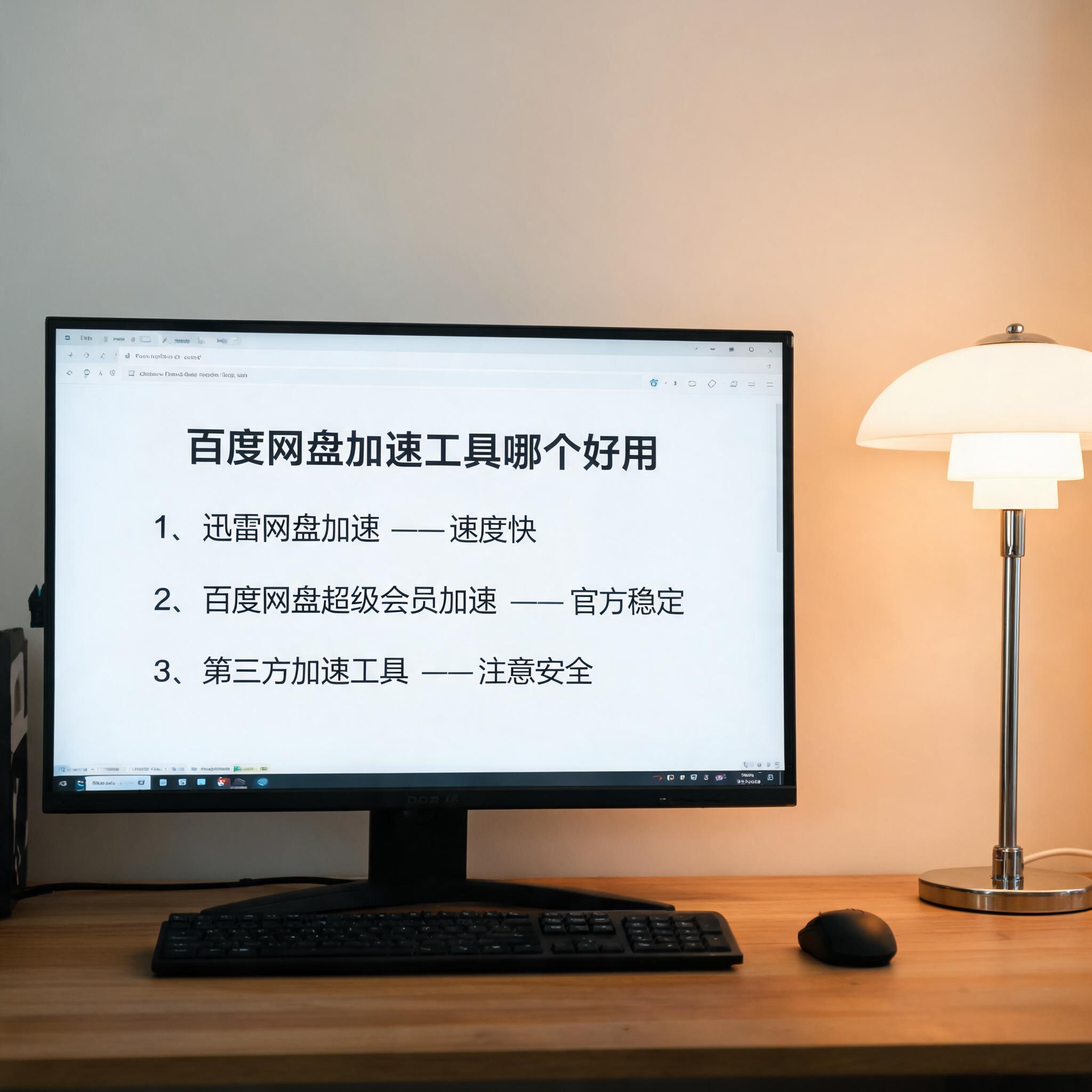 电脑桌上的电脑，屏幕显示百度网盘加速工具哪个好用界面，旁边放着台灯