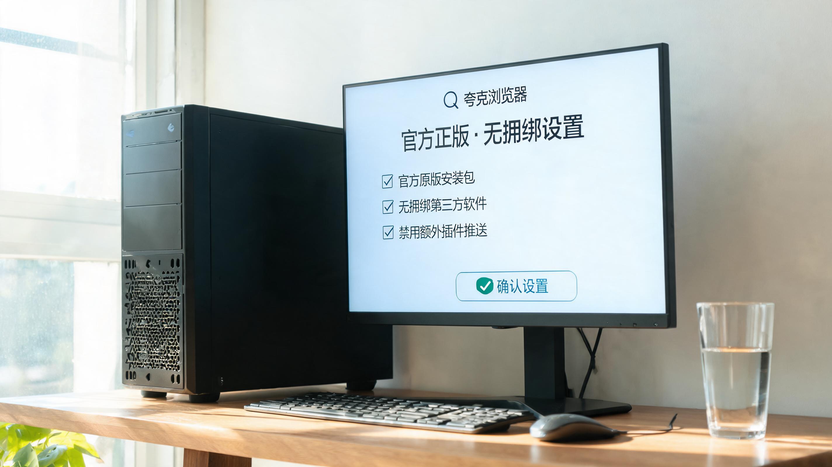 书桌上的主机，屏幕显示夸克浏览器官方正版无捆绑设置界面，桌角放着水杯，自然光