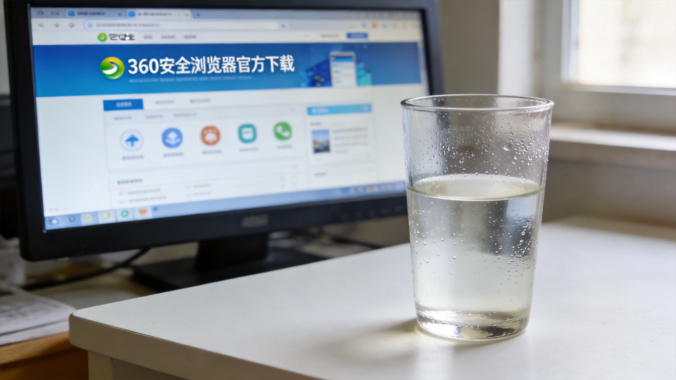 电脑桌面，屏幕显示360安全浏览器的官方下载页面，旁边放着半杯凉白开，室内自然光