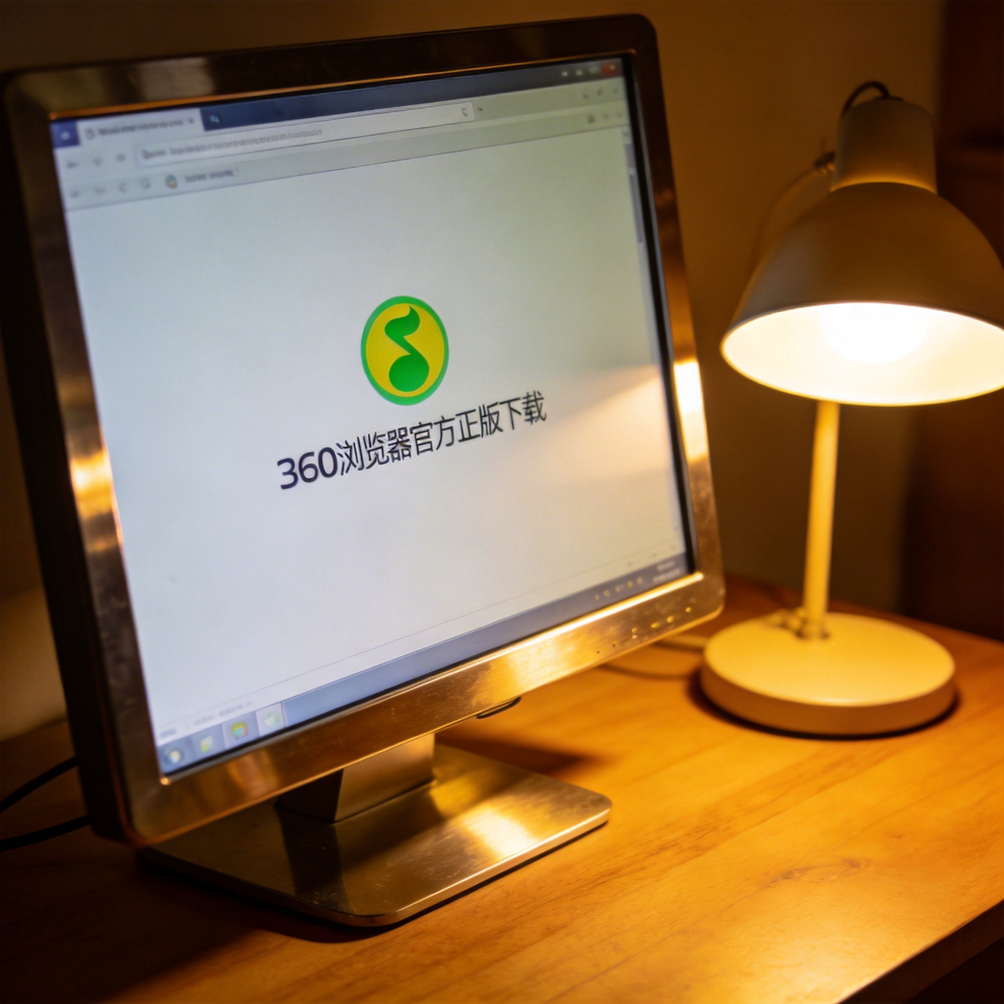 电脑桌上的电脑，屏幕显示360 浏览器官方正版下载桌面，旁边放着台灯