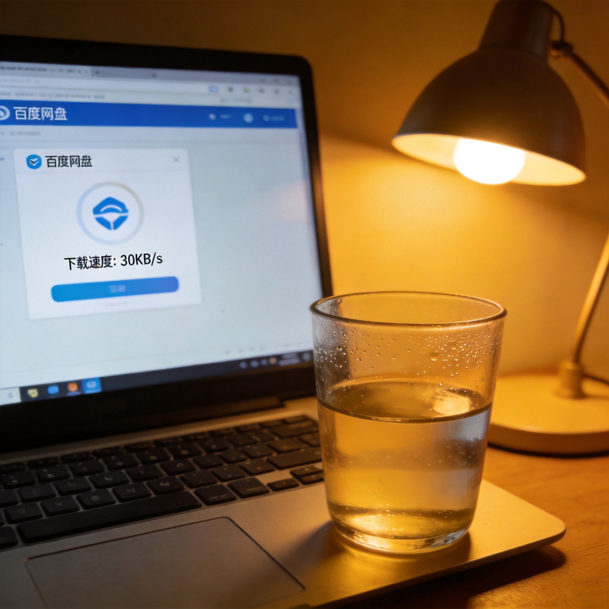 电脑屏幕显示百度网盘下载界面，原下载速度30KB/s，桌面角落有半杯温水，台灯暖光