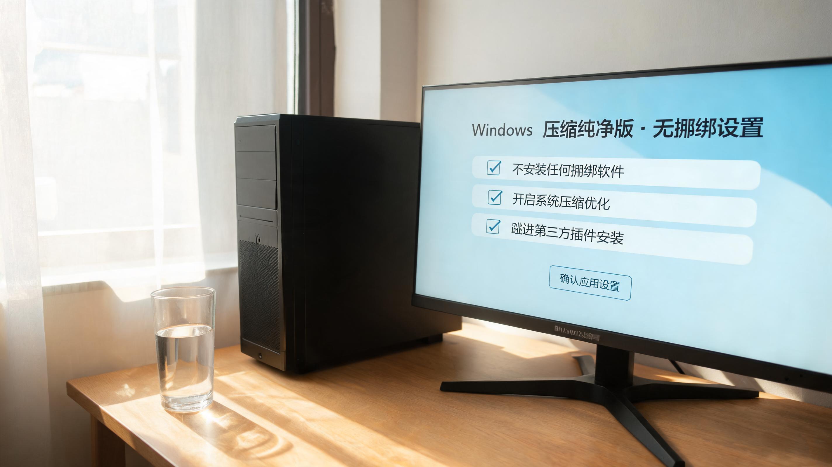 书桌上的主机，屏幕显示win 压缩纯净版无捆绑设置界面，桌角放着水杯，自然光