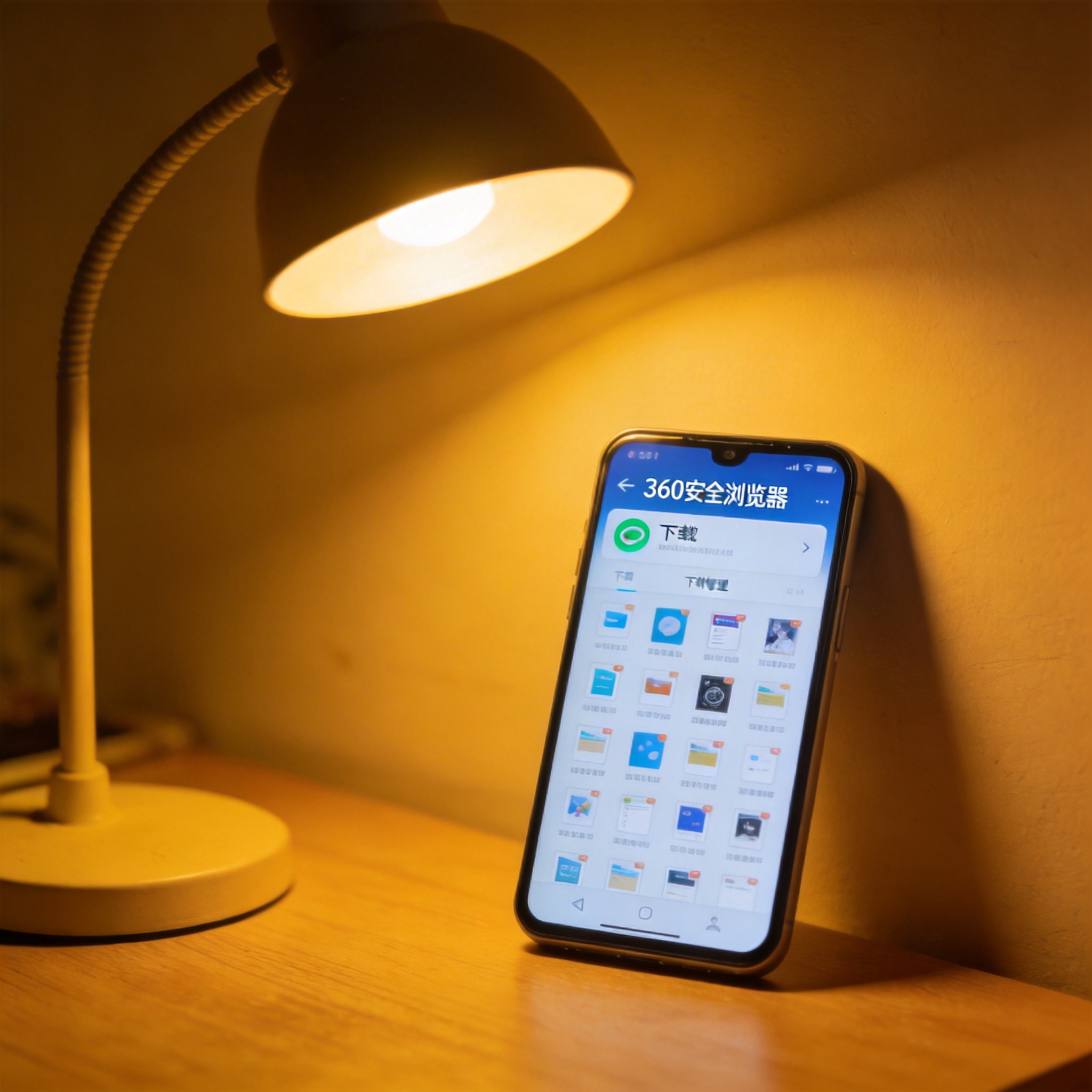 书桌一角的智能手机，屏幕显示手机版360安全浏览器的下载管理页面，下方排列着已下载文件，台灯暖光