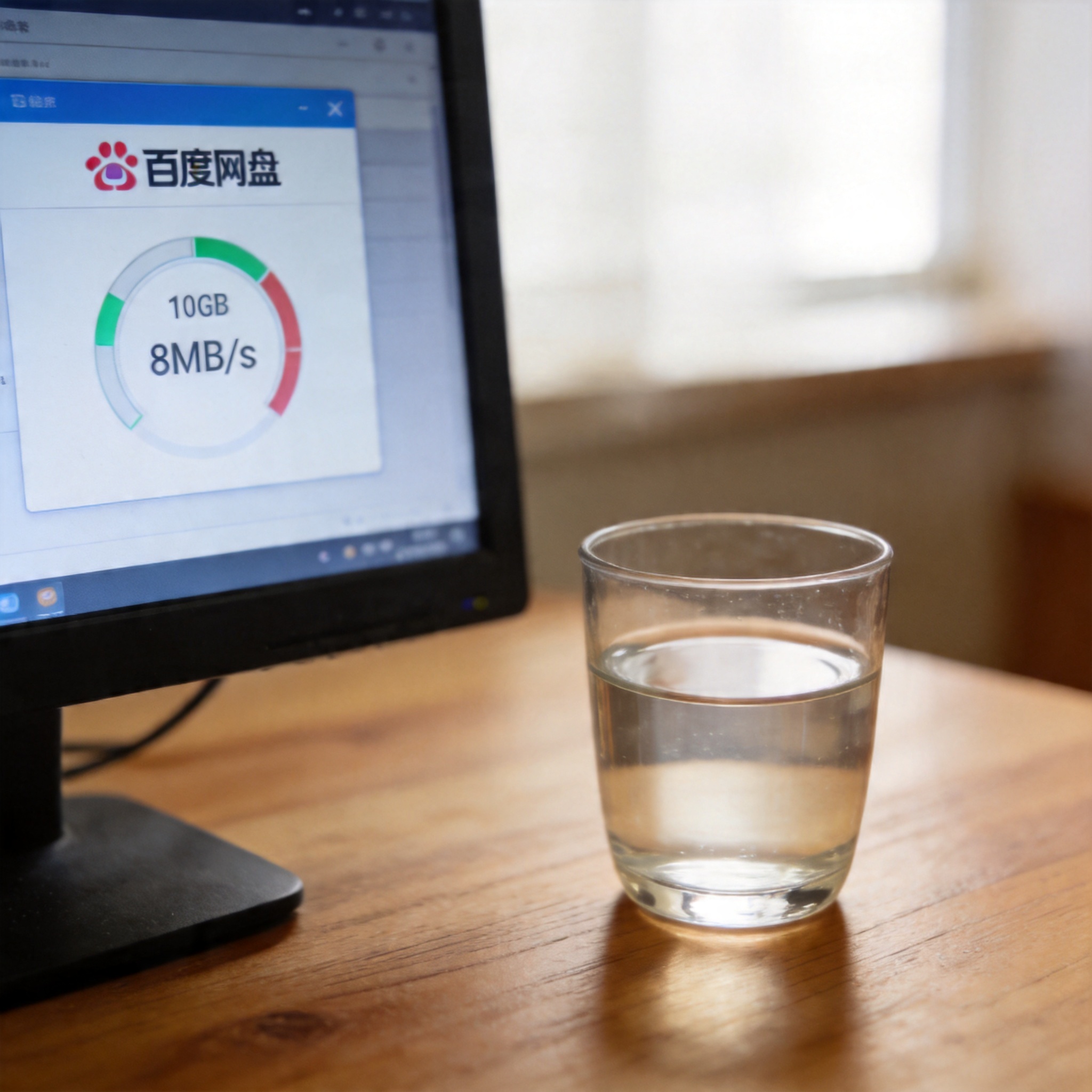 电脑屏幕显示百度网盘下载界面，10GB文件下载速度显示为8MB/s，桌面放着半杯温水，室内自然光
