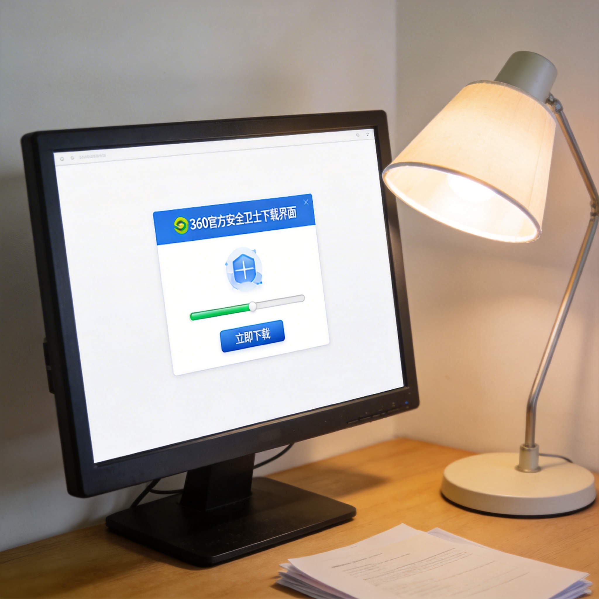 电脑桌上的电脑，屏幕显示360 官方安全卫士下载界面，旁边放着台灯
