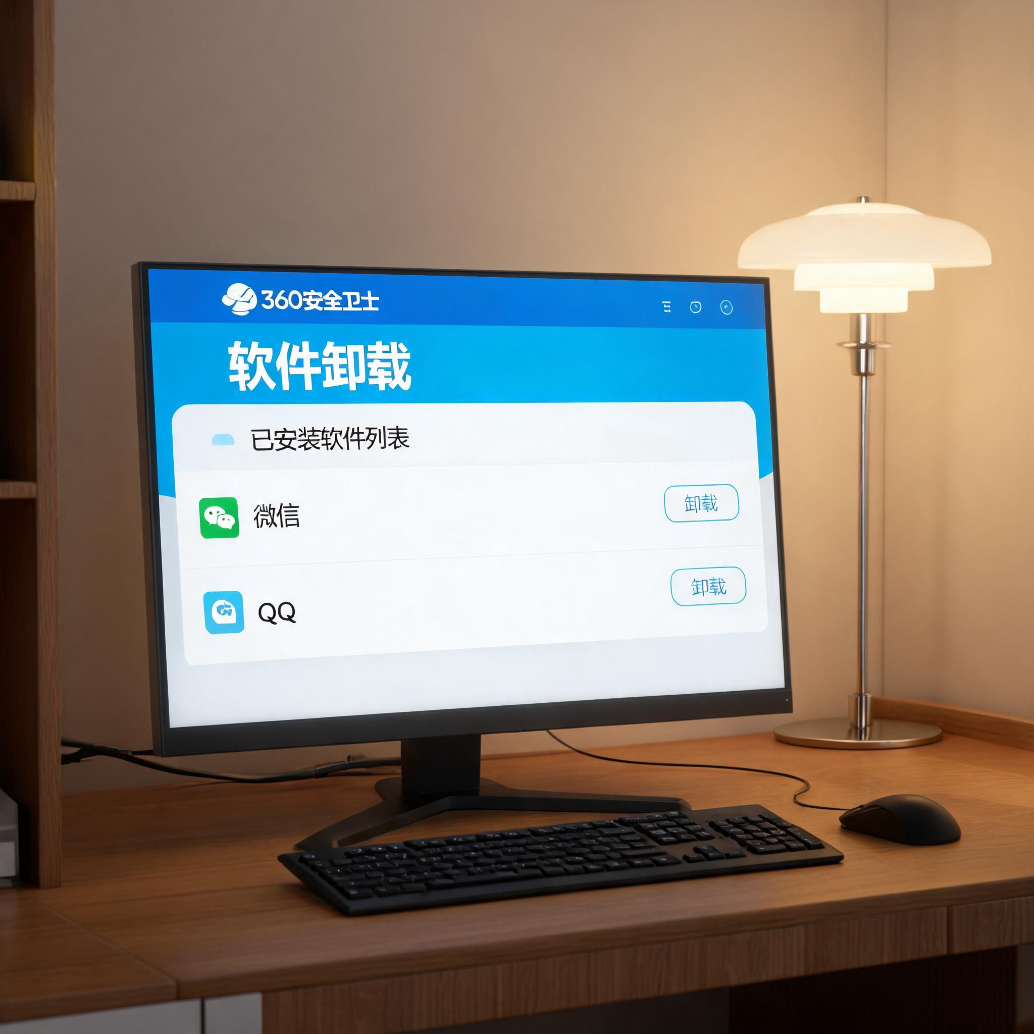 电脑桌上的电脑，屏幕显示360 卫士软件卸载功能界面，旁边放着台灯