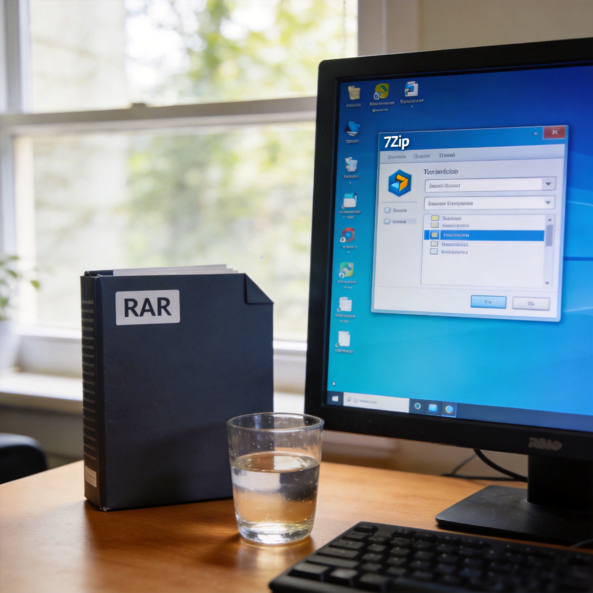 电脑桌的Windows系统电脑，屏幕显示7Zip软件的解压设置界面，旁边放着RAR格式压缩包，桌面有半杯温水，室内自然光
