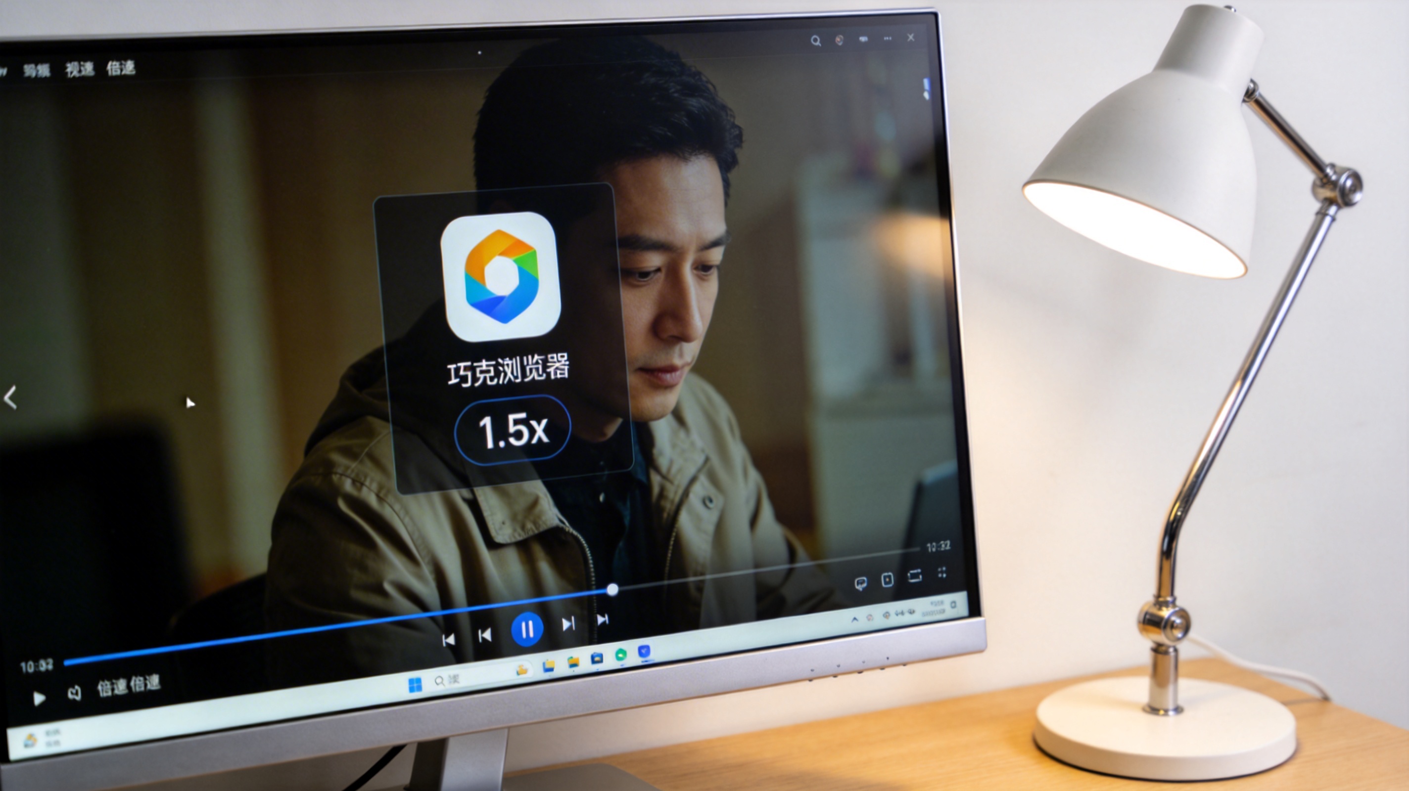 电脑桌上的屏幕，屏幕显示夸克浏览器视频倍速播放屏幕，旁边放着台灯