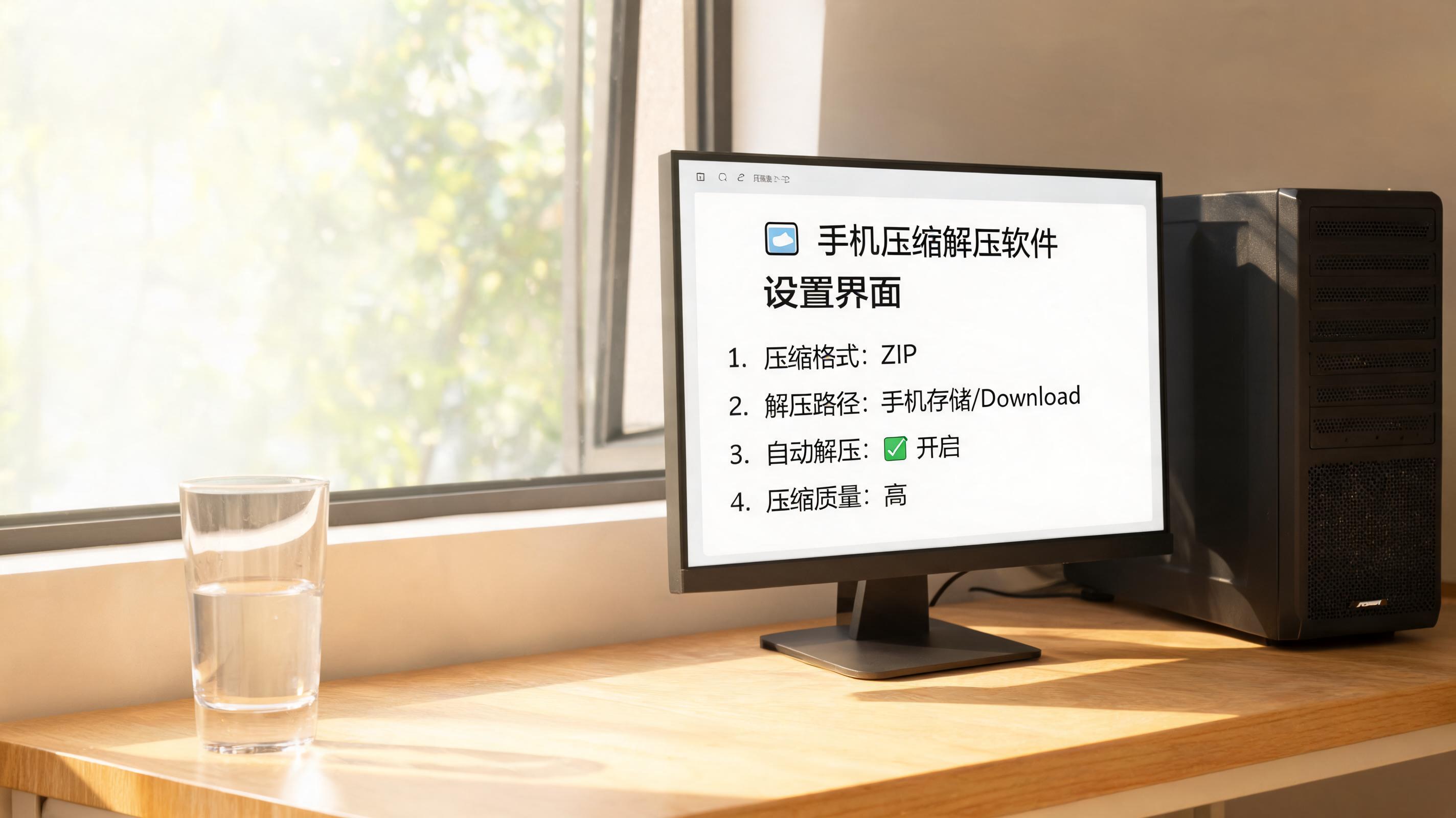书桌上的主机，屏幕显示手机文件压缩解压缩软件设置界面，桌角放着水杯，自然光