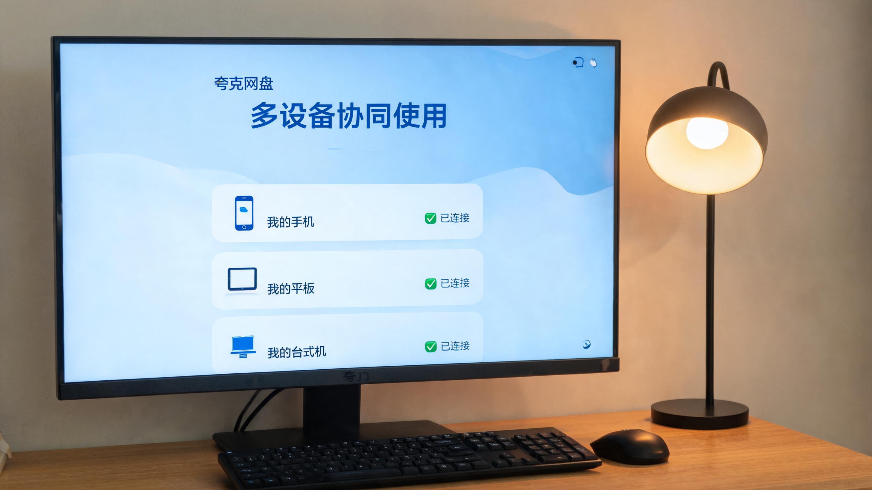 电脑桌上的电脑，屏幕显示夸克网盘多设备协同使用界面，旁边放着台灯