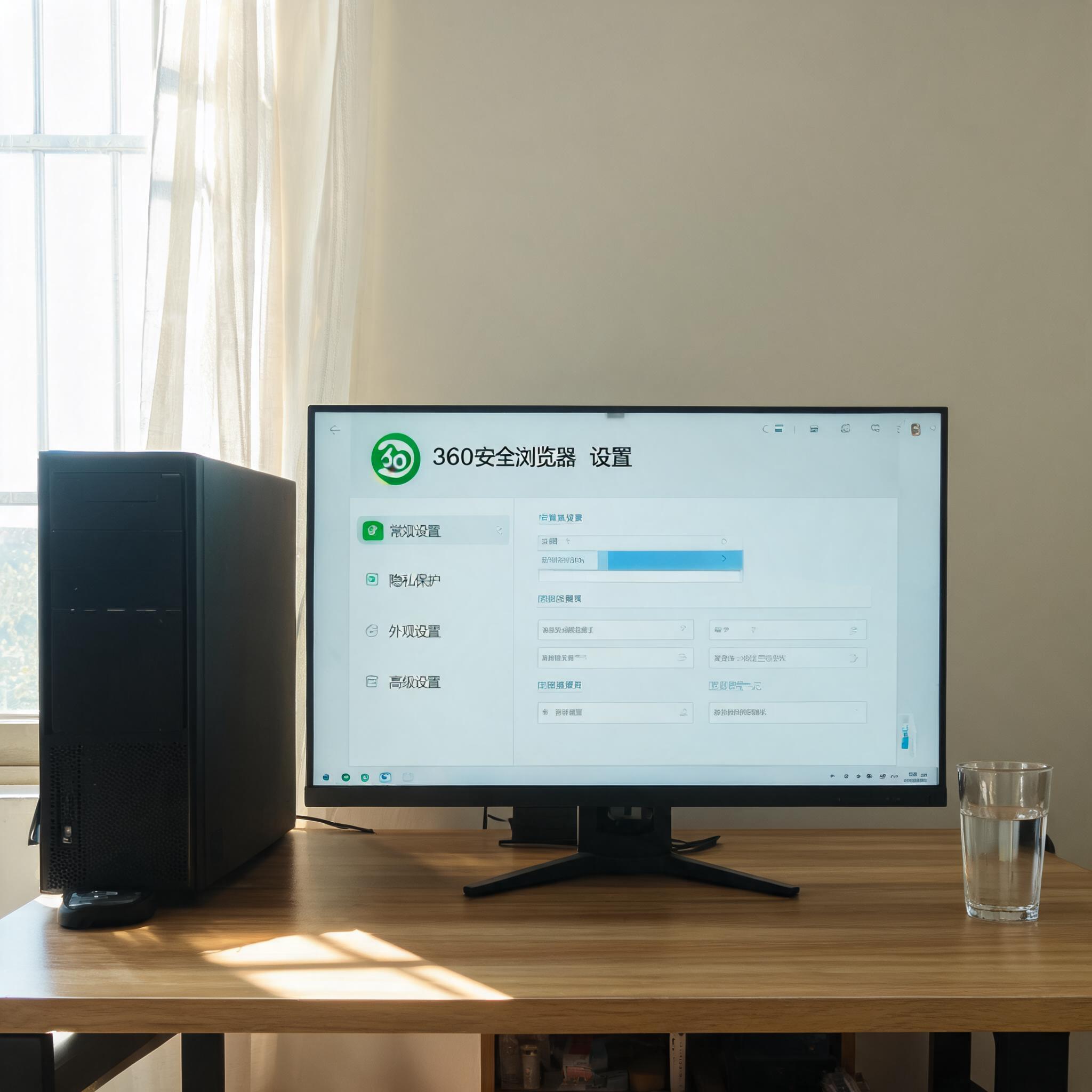 书桌上的主机，屏幕显示360 浏览器最新版设置界面，桌角放着水杯，自然光