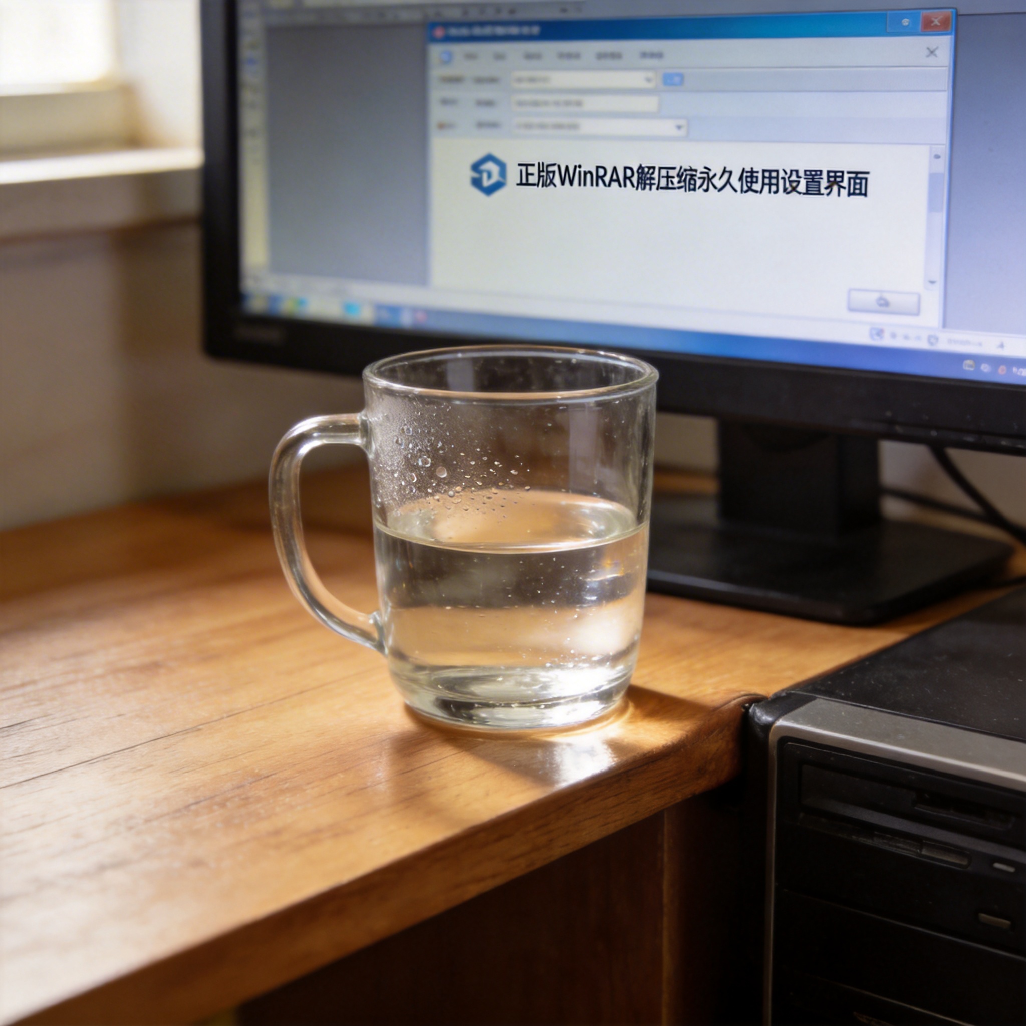 书桌上的主机，屏幕显示正版 winrar 解压缩永久使用设置界面，桌角放着水杯，自然光