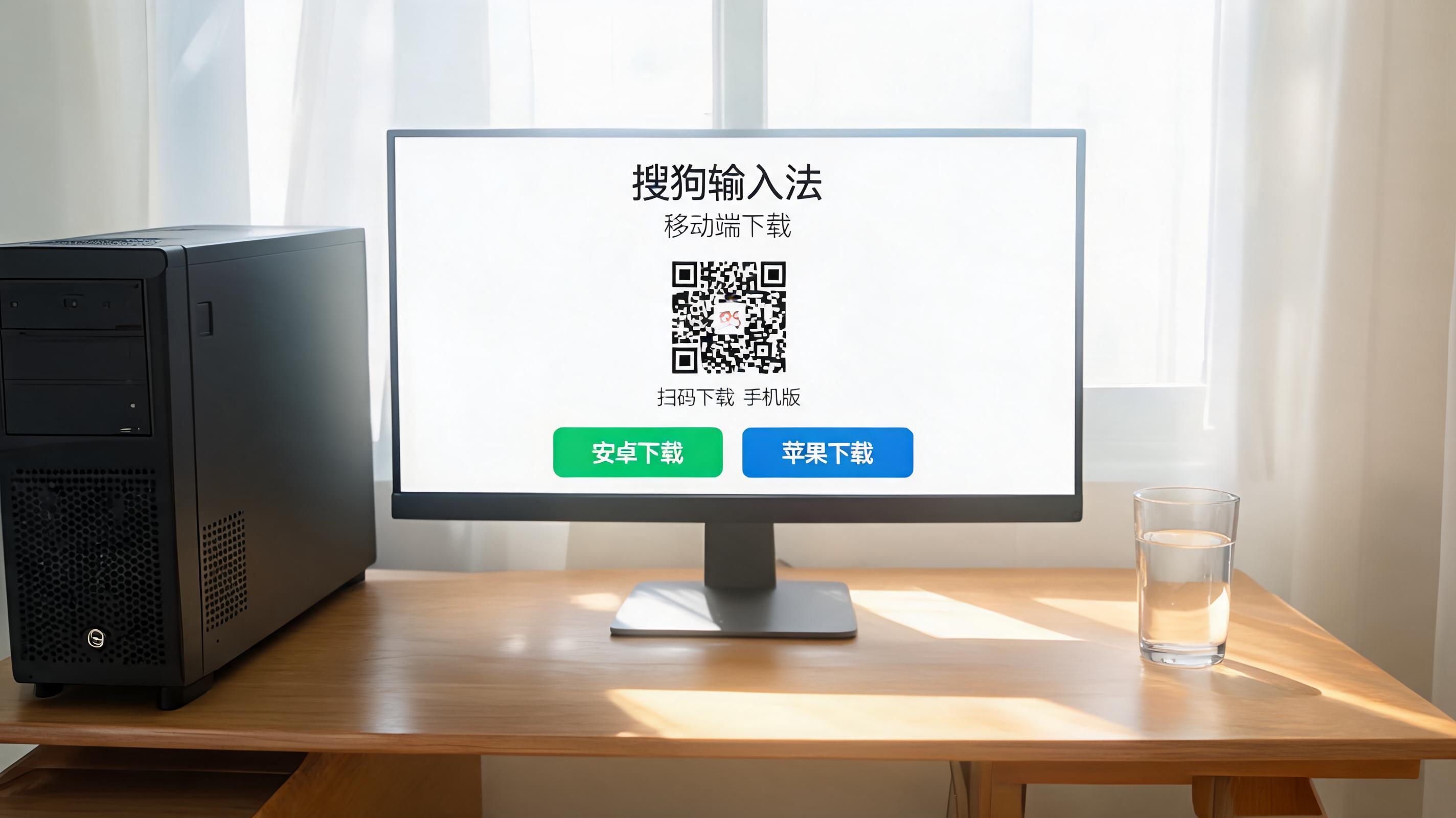 书桌上的主机，屏幕显示移动端搜狗输入法下载设置界面，桌角放着水杯，自然光
