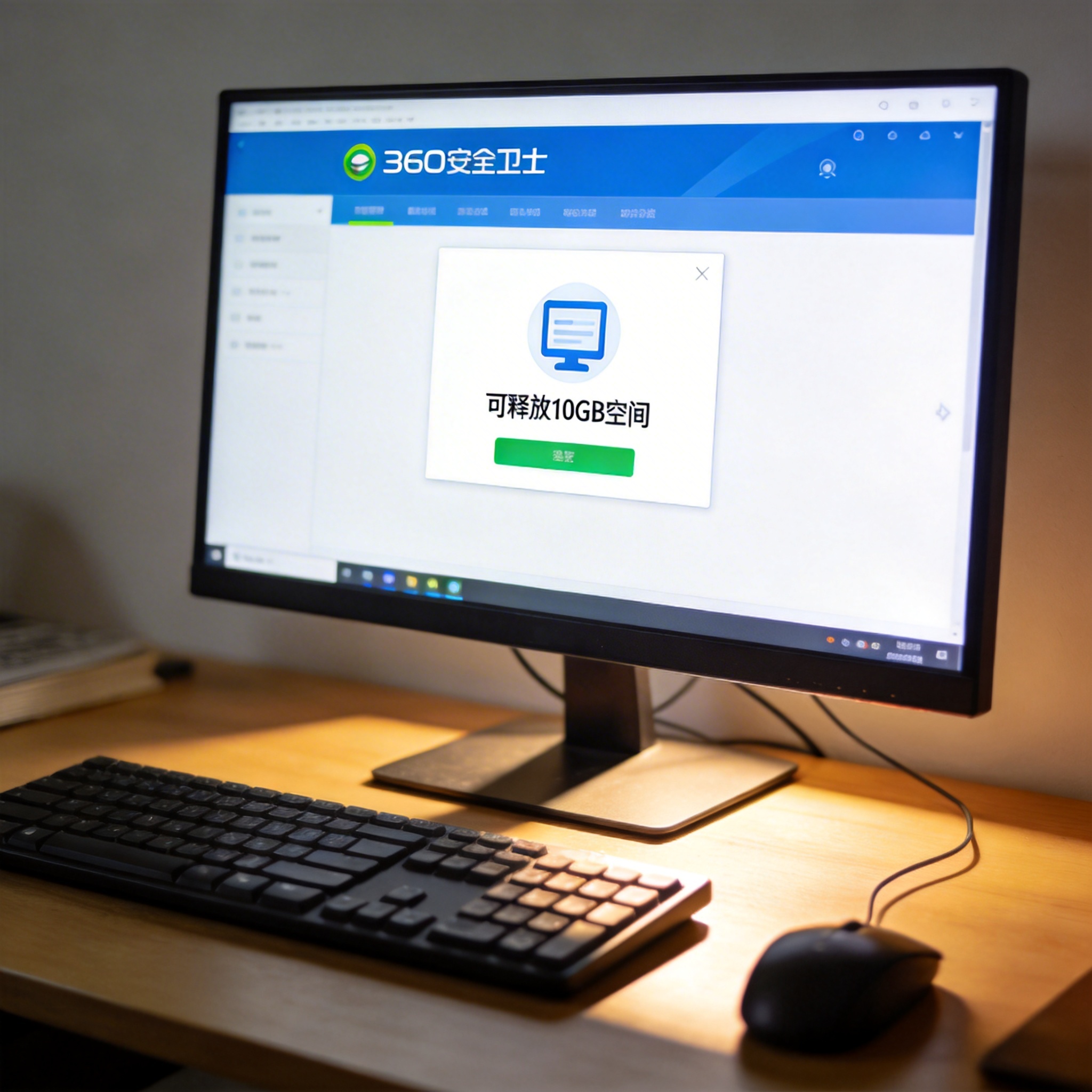 书桌的电脑屏幕显示360安全卫士的垃圾清理界面，显示可释放10GB空间，屏幕光照亮桌面