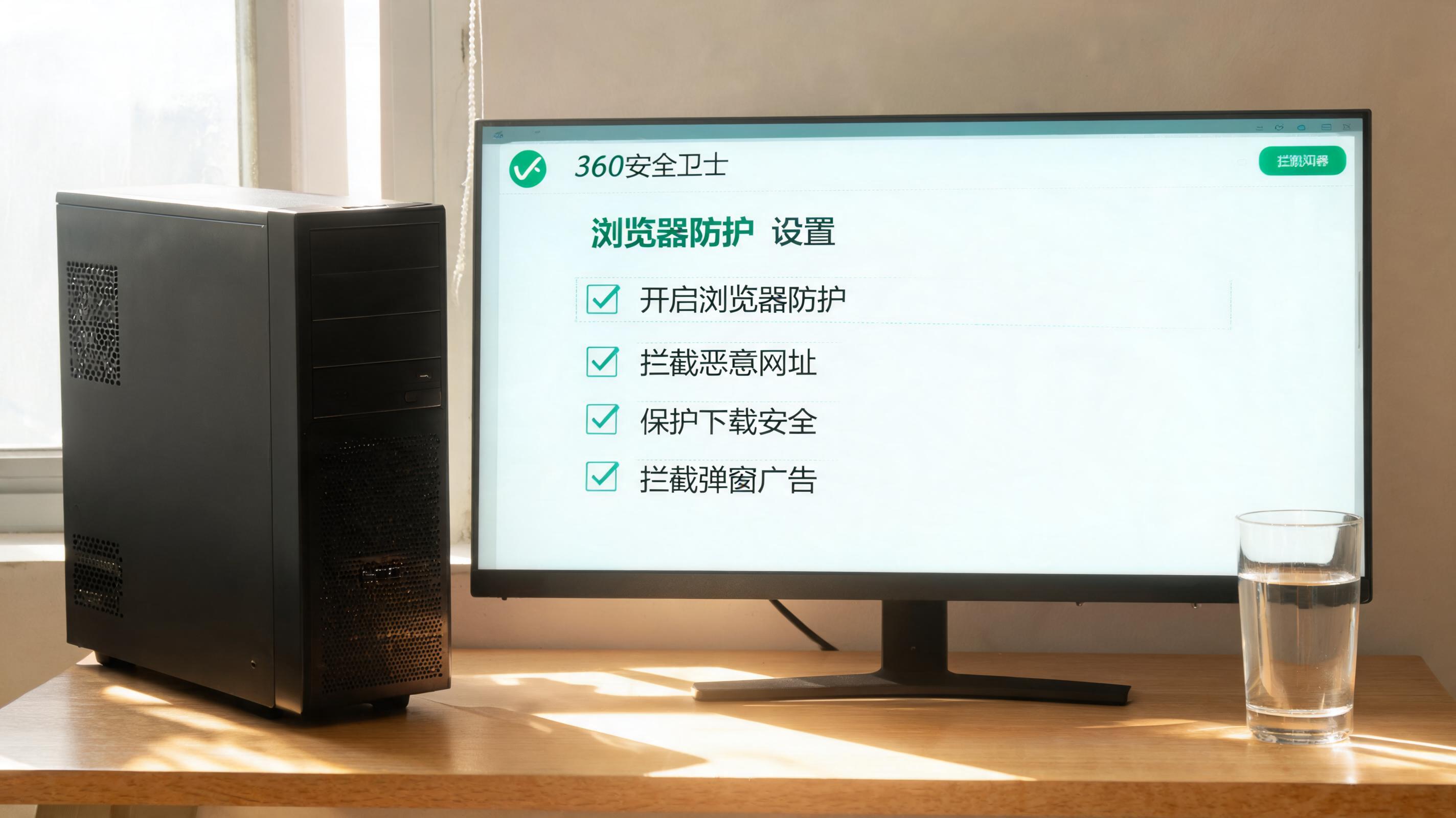 书桌上的主机，屏幕显示360 卫士浏览器防护功能设置界面，桌角放着水杯，自然光