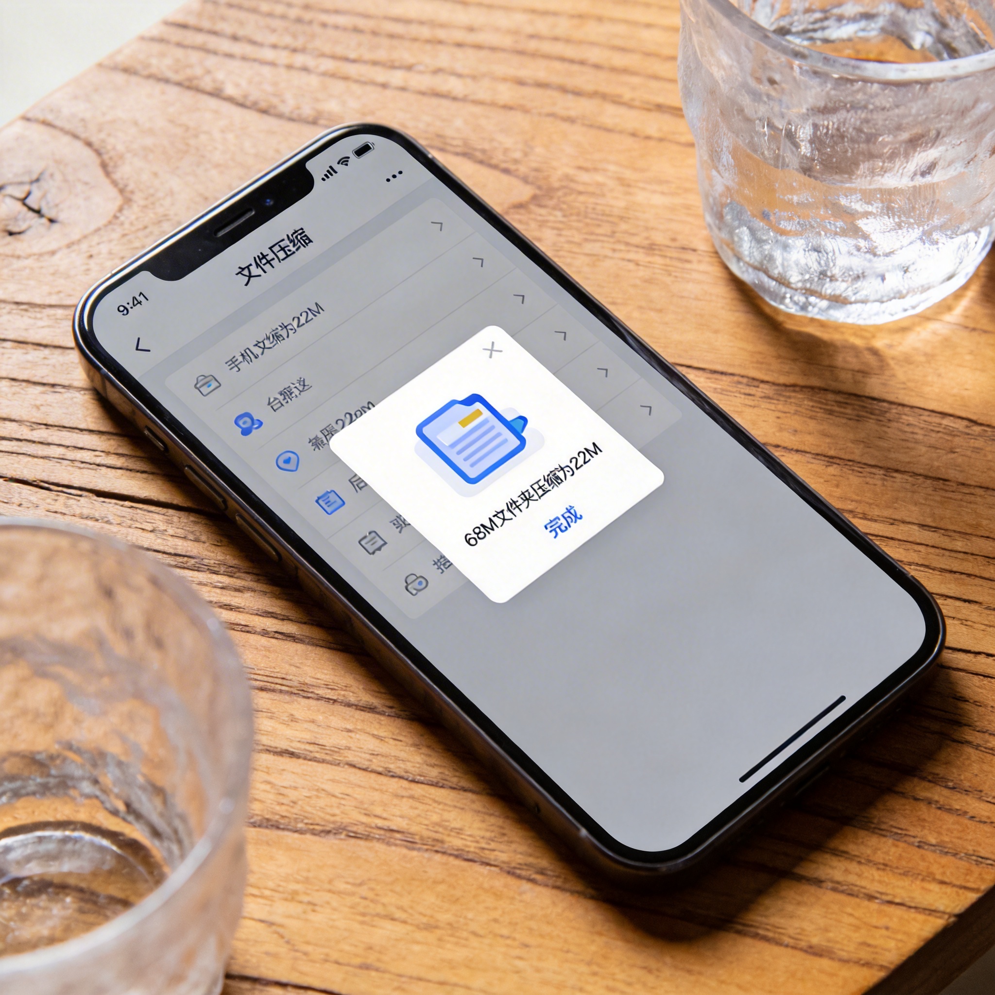 木质桌面的智能手机，屏幕显示手机文件压缩解压缩软件界面，显示68M文件夹压缩为22M的完成提示，旁边放着半透明水杯，室内自然光