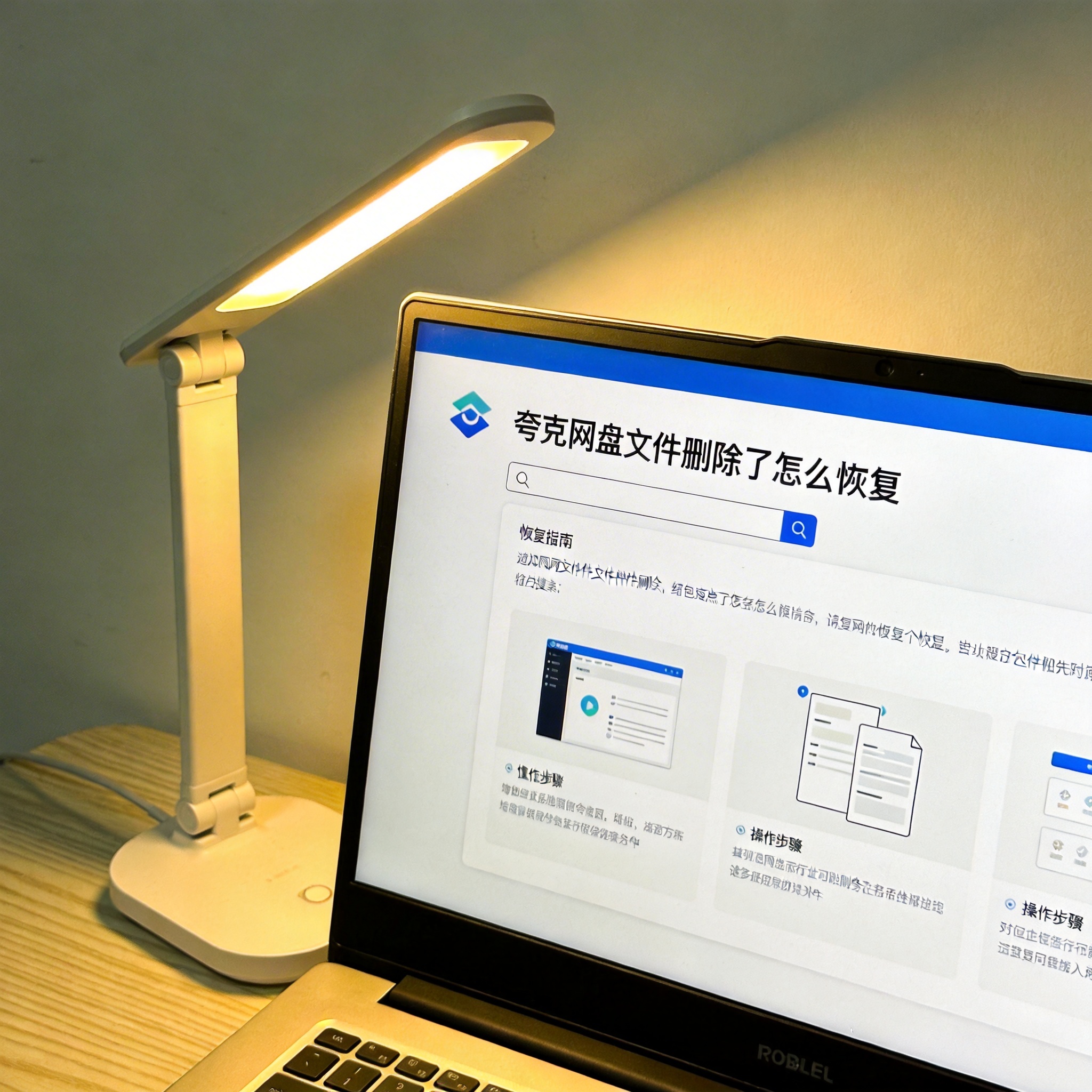 电脑桌上的电脑，屏幕显示夸克网盘文件删除了怎么恢复界面，旁边放着台灯