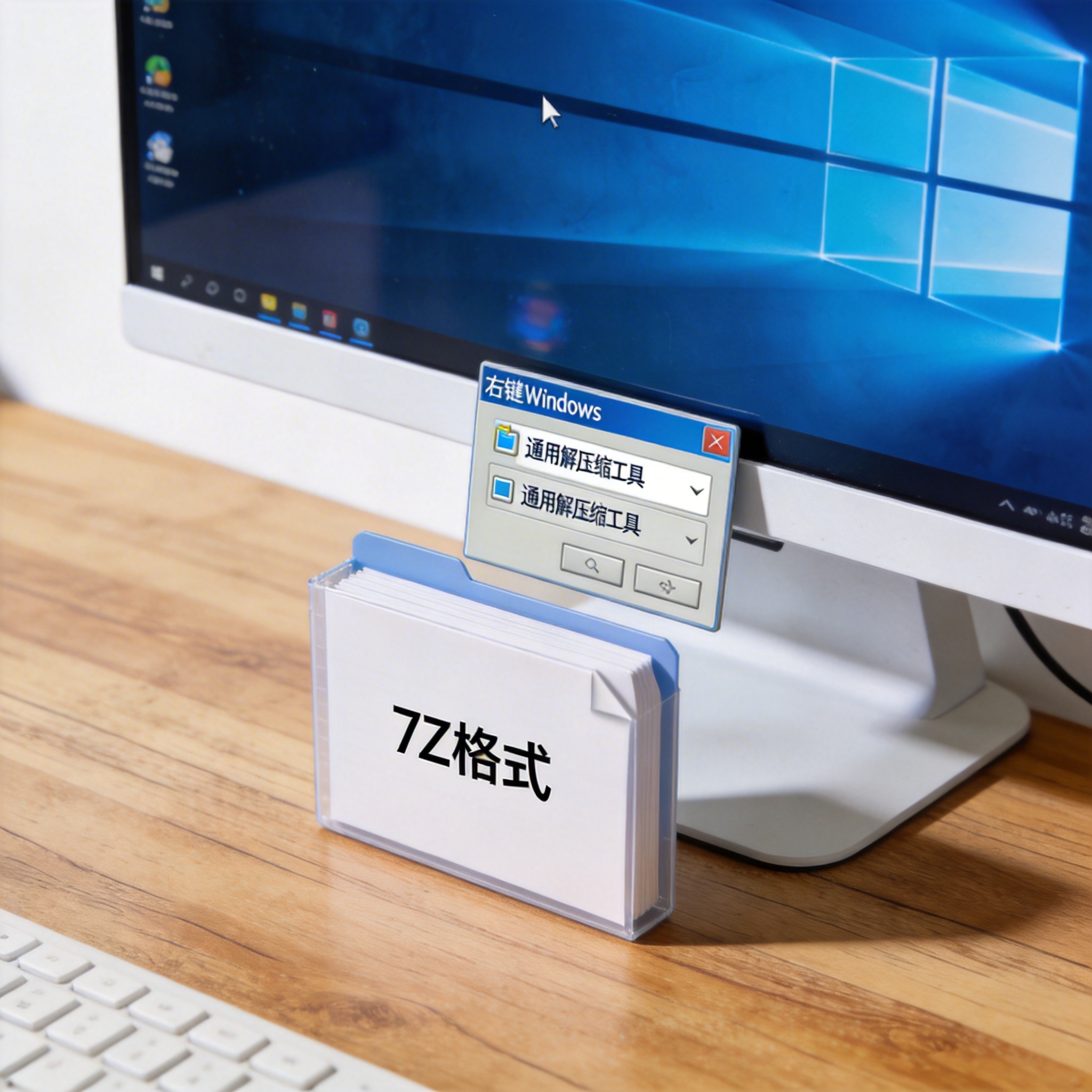 电脑桌前的Windows系统电脑，屏幕显示右键菜单里的通用解压缩工具选项，桌面放着标注7Z格式的压缩包文件，室内自然光