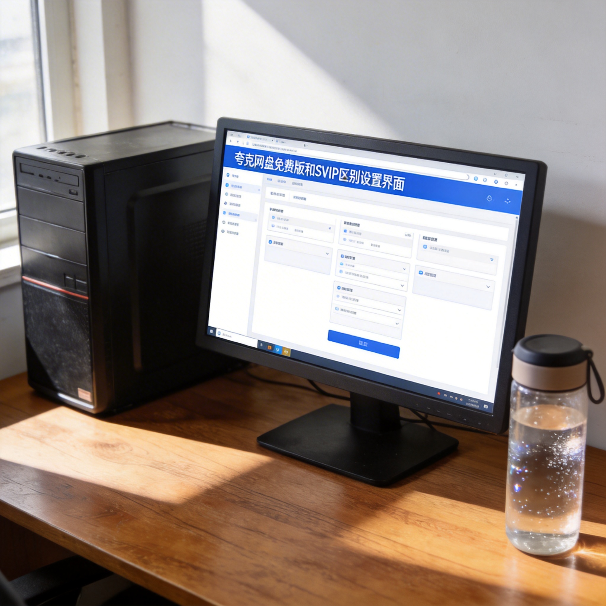 书桌上的主机，屏幕显示夸克网盘免费版和 SVIP 区别设置界面，桌角放着水杯，自然光