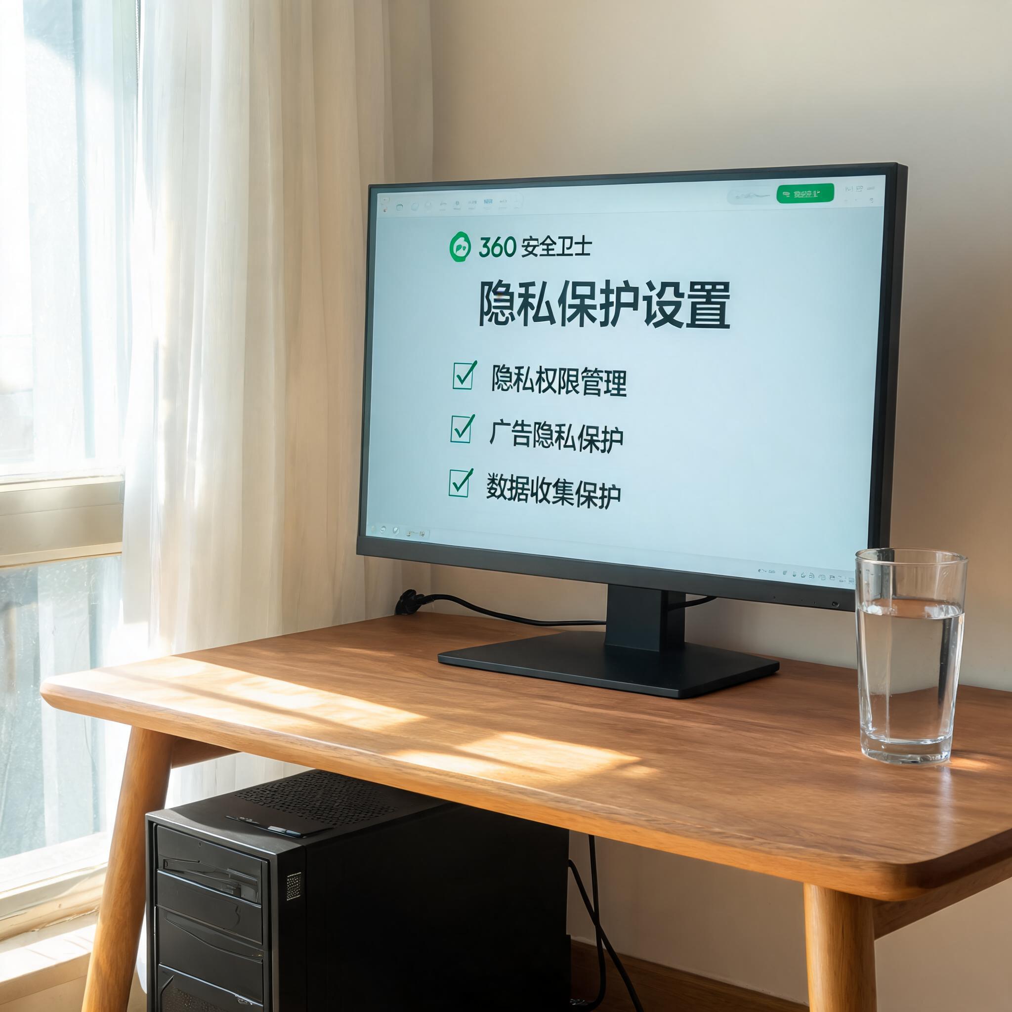 书桌上的主机，屏幕显示360 安全卫士隐私保护设置设置界面，桌角放着水杯，自然光
