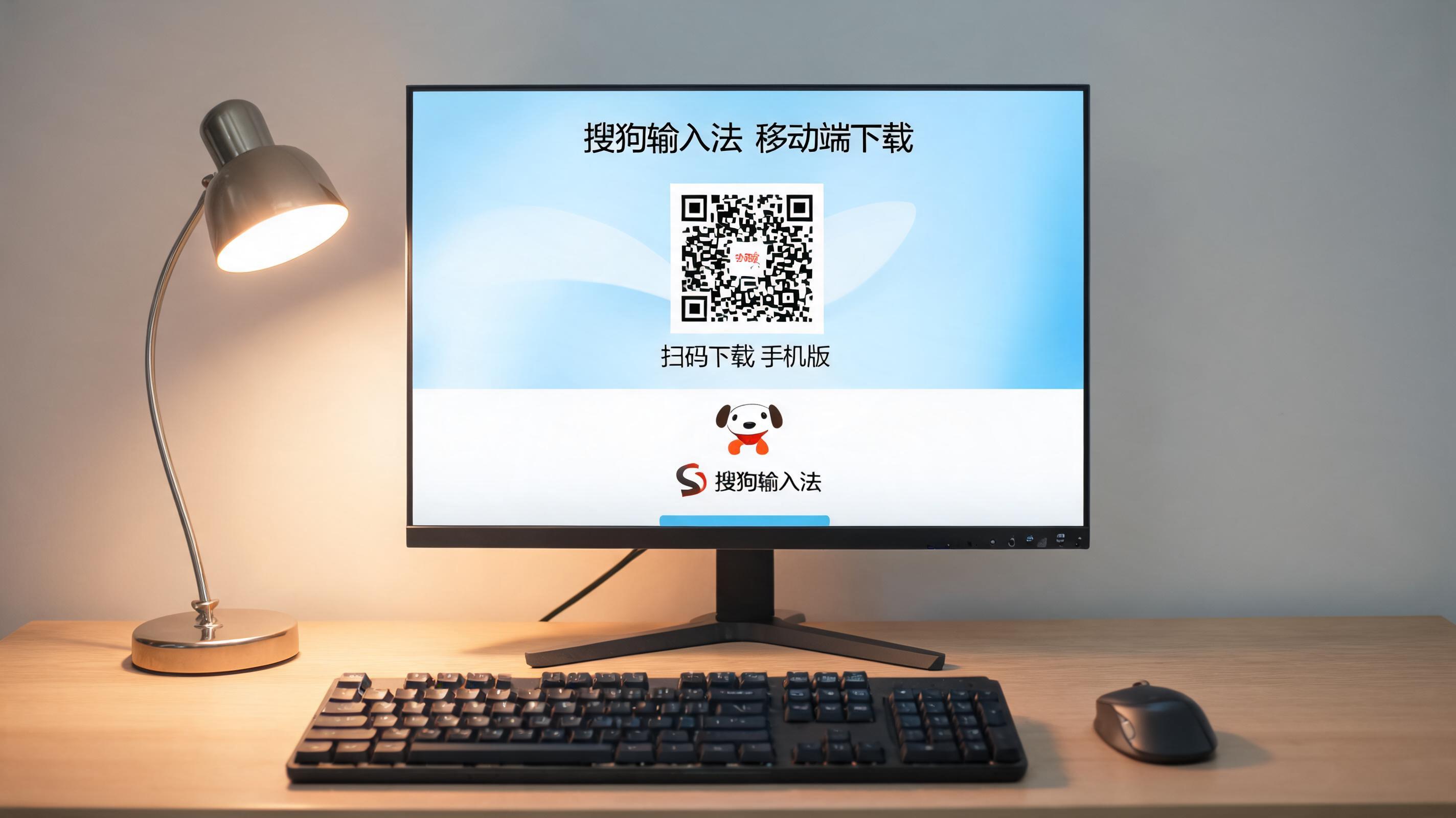 电脑桌上的键盘，屏幕显示移动端搜狗输入法下载界面，旁边放着台灯