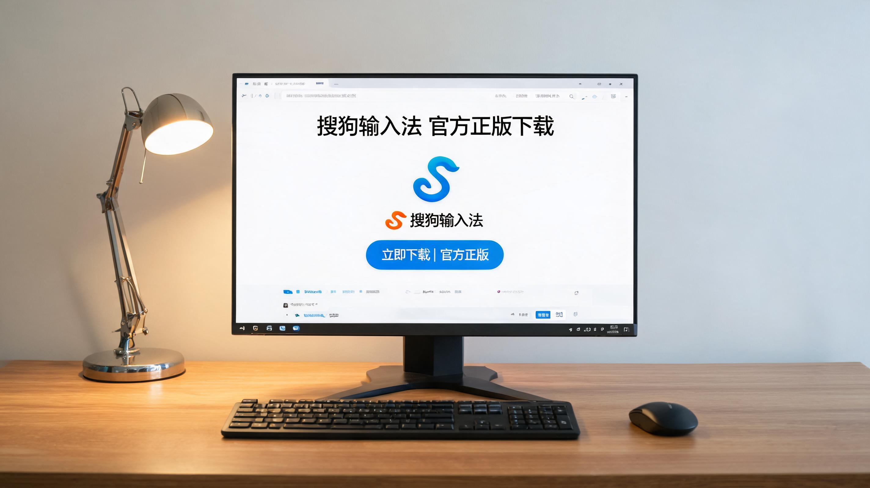 电脑桌上的电脑，屏幕显示搜狗输入法官方正版下载界面，旁边放着台灯