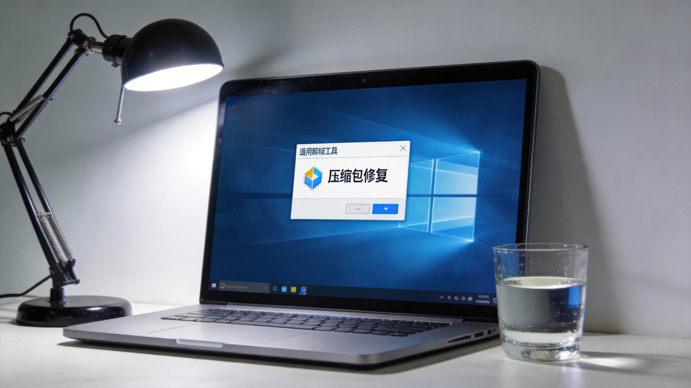 Windows系统电脑的桌面，屏幕显示通用解压缩工具的压缩包修复界面，旁边放着水杯，屏幕光和台灯冷光混合