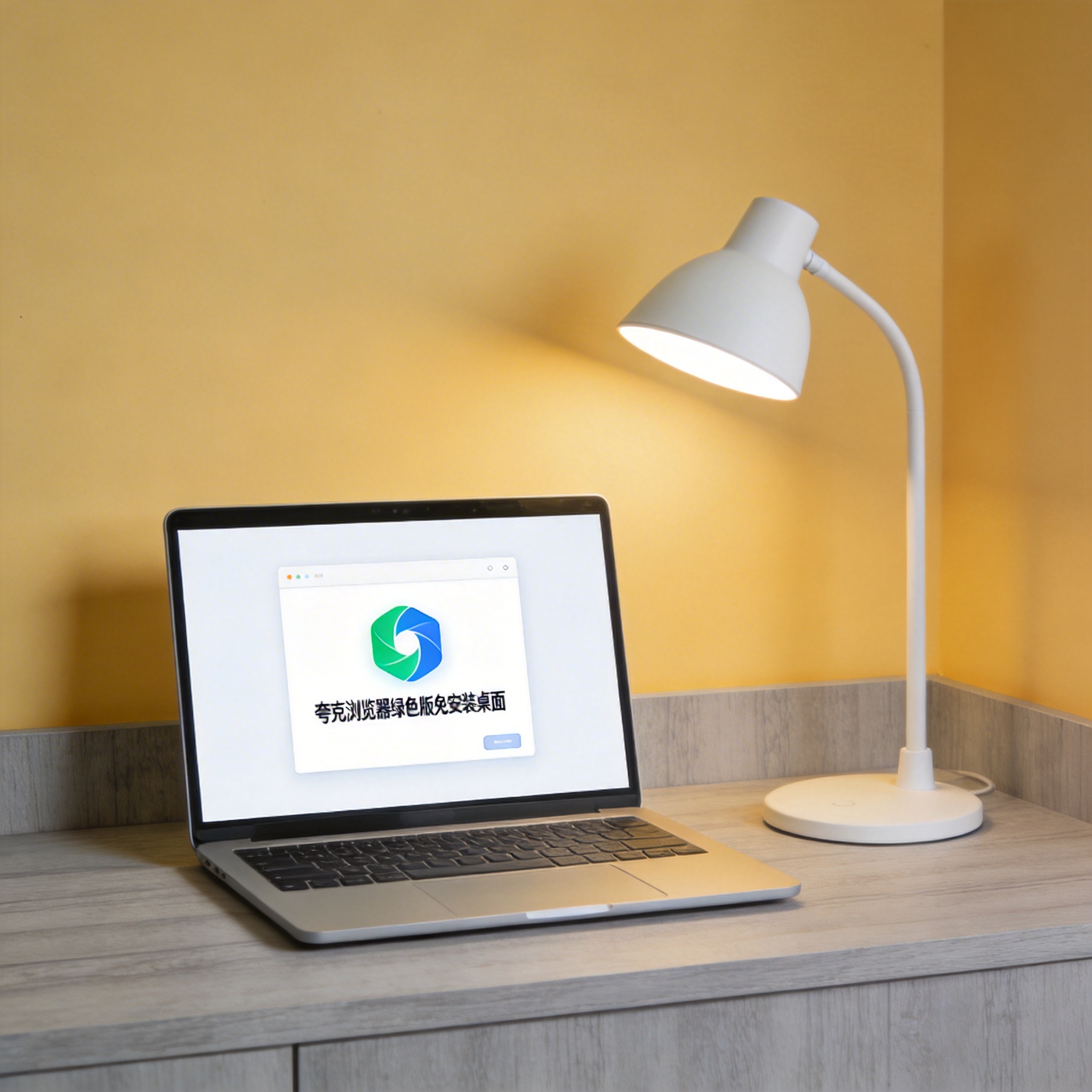 电脑桌上的电脑，屏幕显示夸克浏览器绿色版免安装桌面，旁边放着台灯
