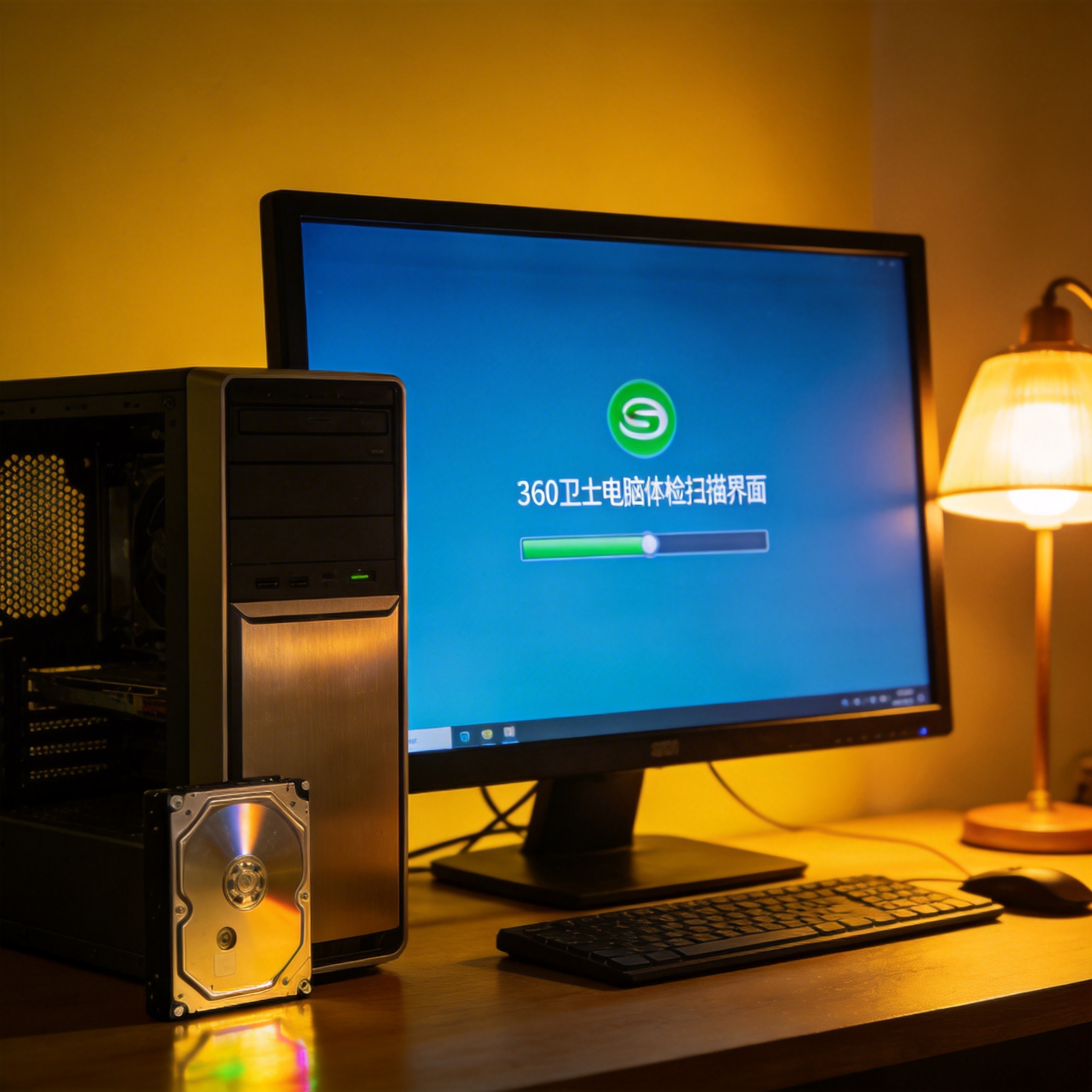 桌面的台式机，屏幕显示360卫士电脑体检扫描界面，进度条正在加载，机箱旁摆着硬盘，台灯暖光