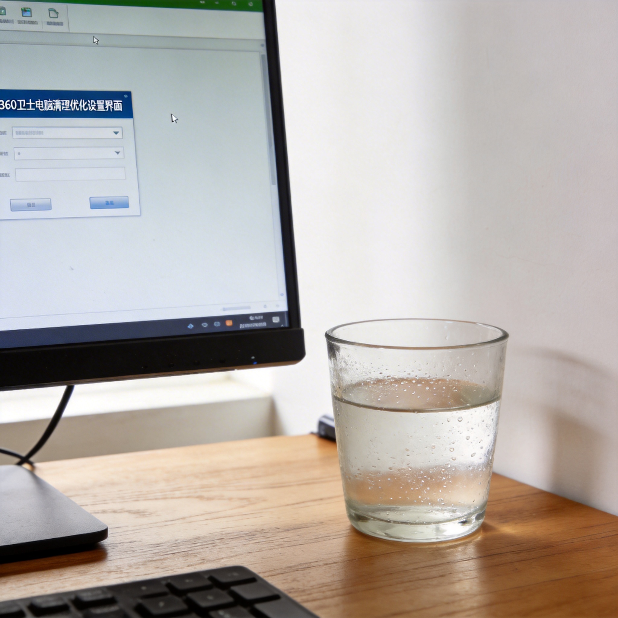 书桌上的电脑，屏幕显示360 卫士电脑清理优化设置界面，桌角放着水杯，自然光