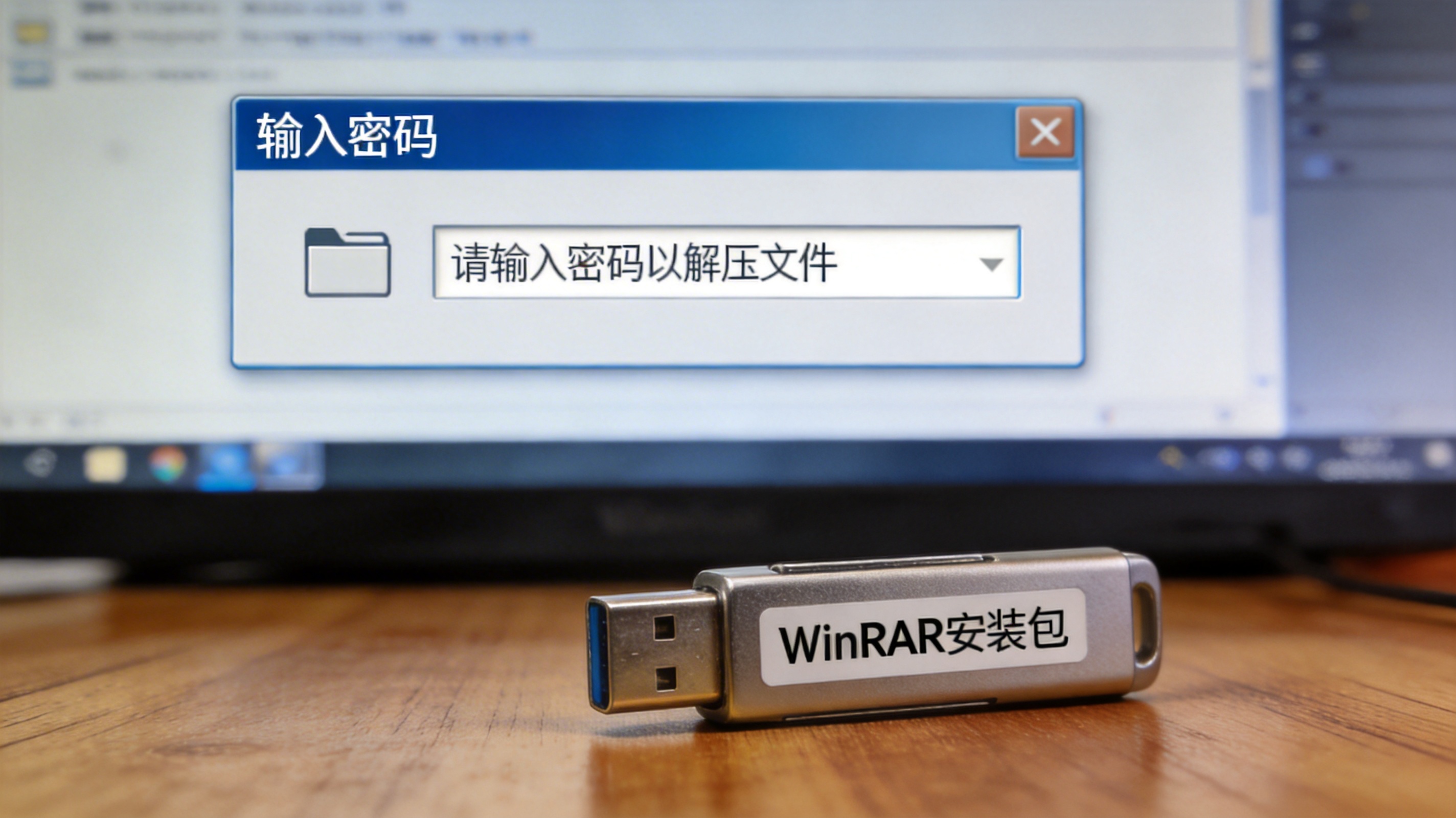 电脑桌面，屏幕显示WinRAR加密压缩包的密码输入对话框，旁边放着存有WinRAR安装包的U盘，室内自然光