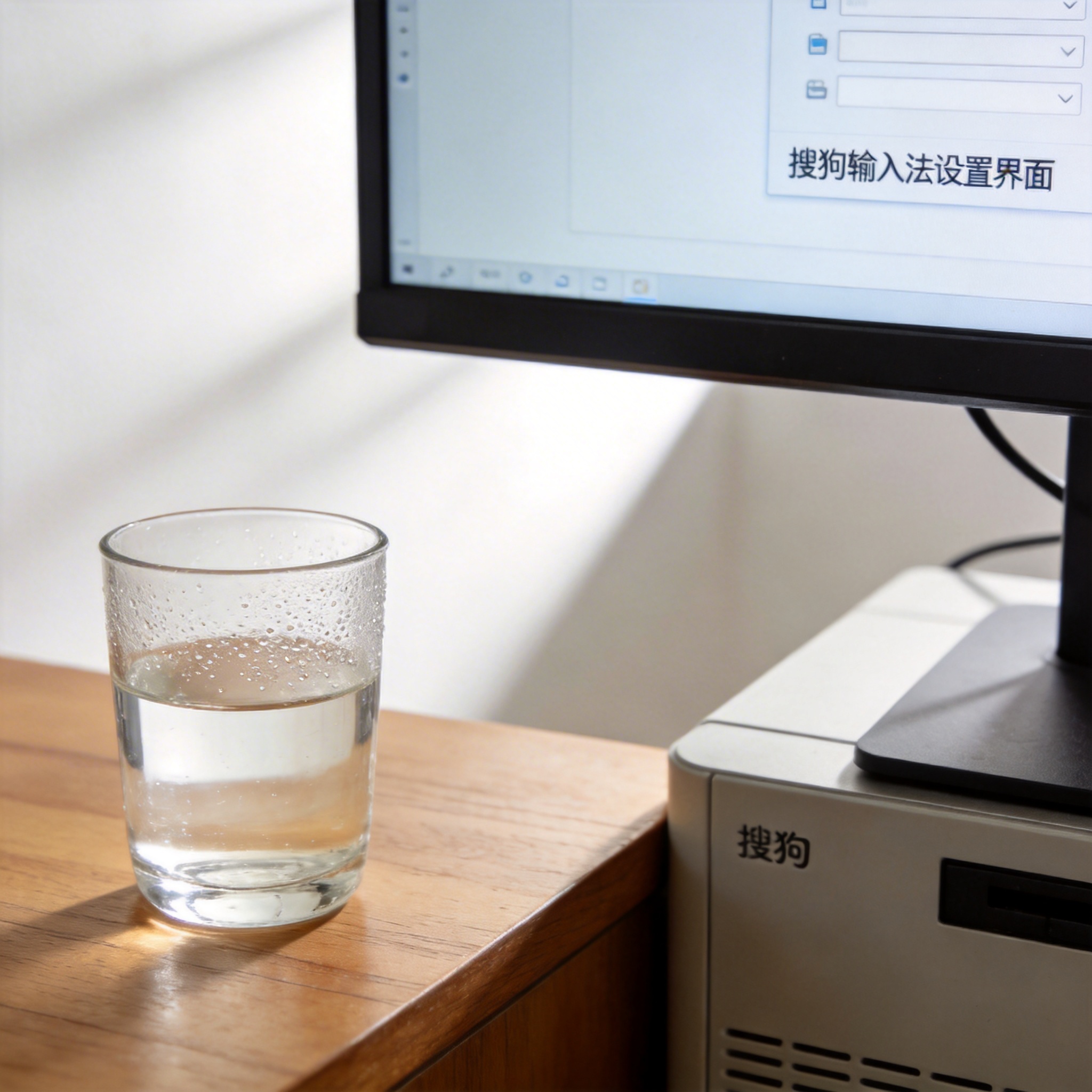 书桌上的主机，屏幕显示搜狗输入法设置界面，桌角放着水杯，自然光