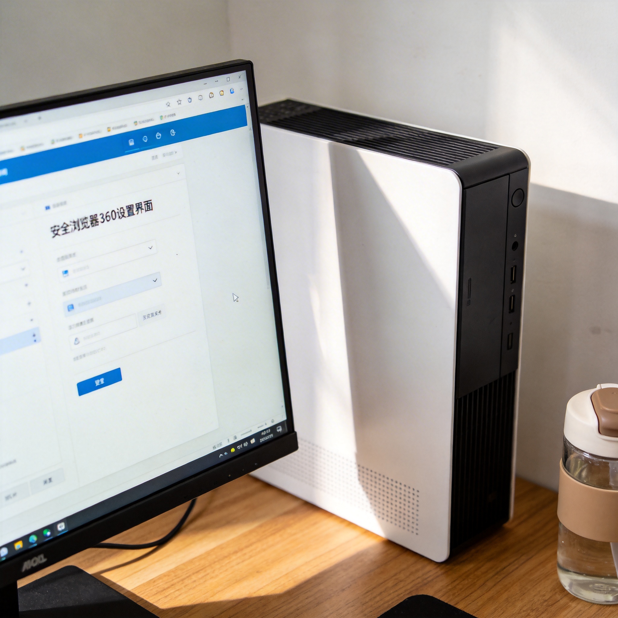 书桌上的主机，屏幕显示安全浏览器 360设置界面，桌角放着水杯，自然光
