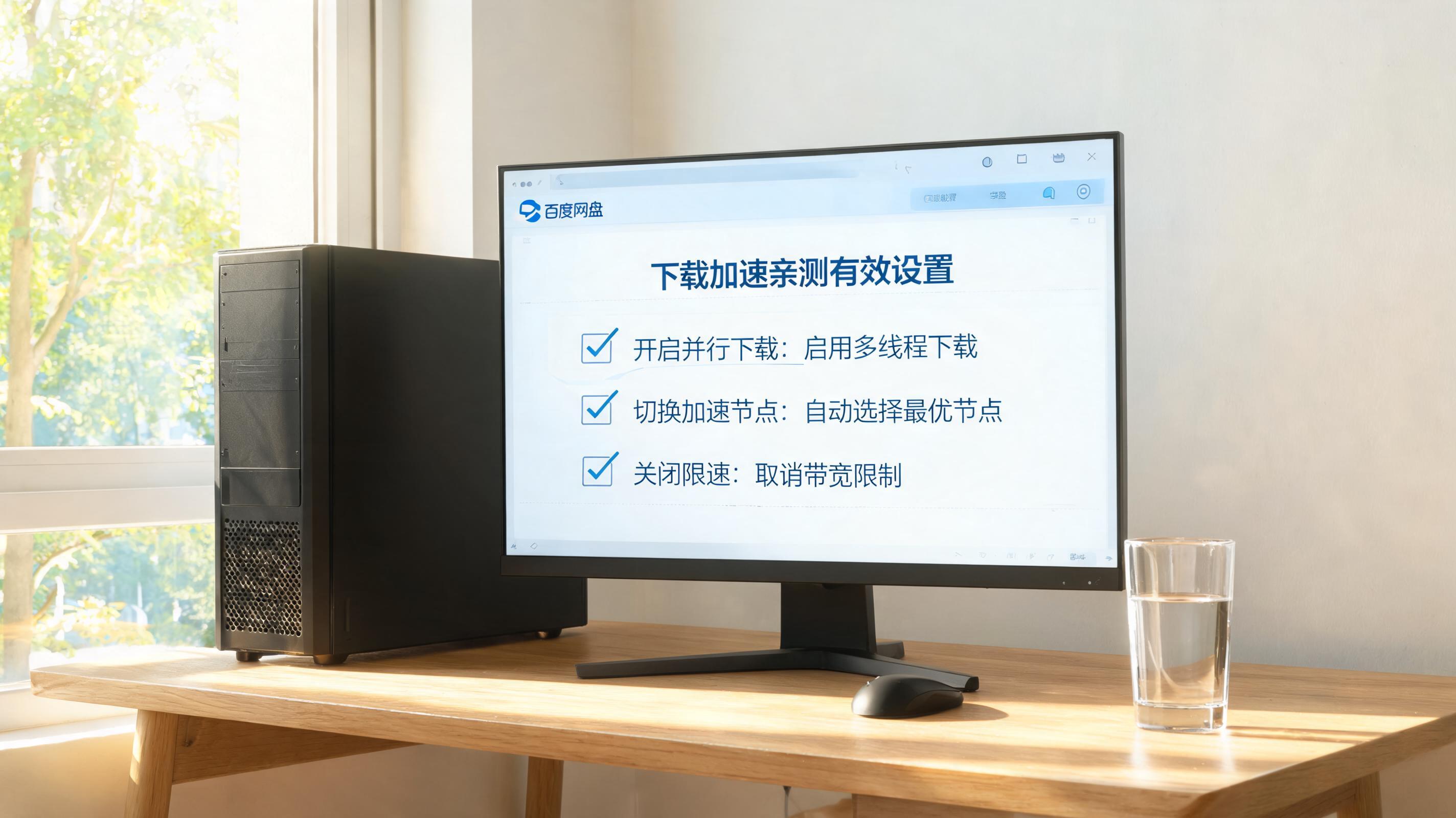 书桌上的主机，屏幕显示百度网盘下载加速亲测有效设置界面，桌角放着水杯，自然光