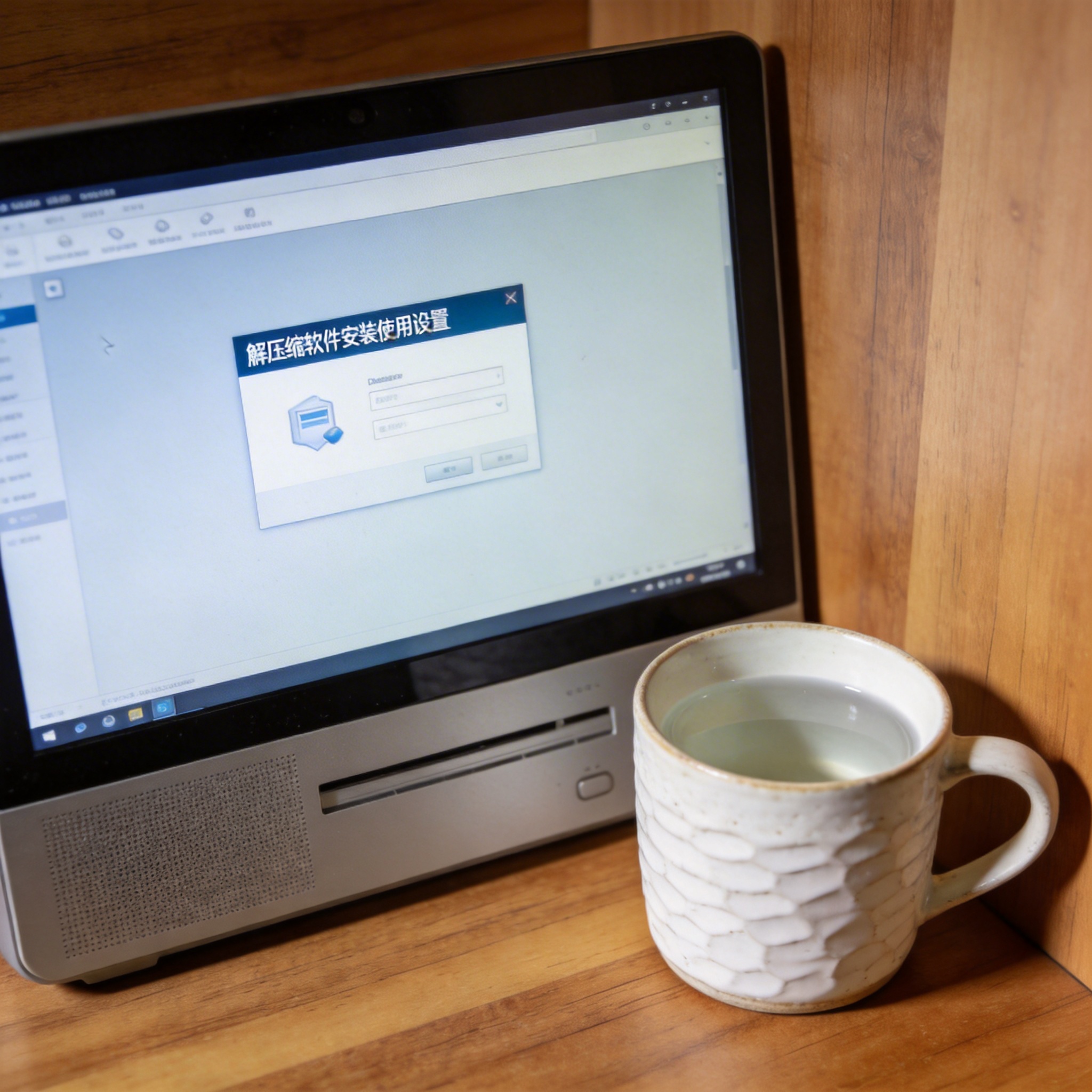 书桌上的主机，屏幕显示解压缩软件怎么安装使用设置界面，桌角放着水杯，自然光
