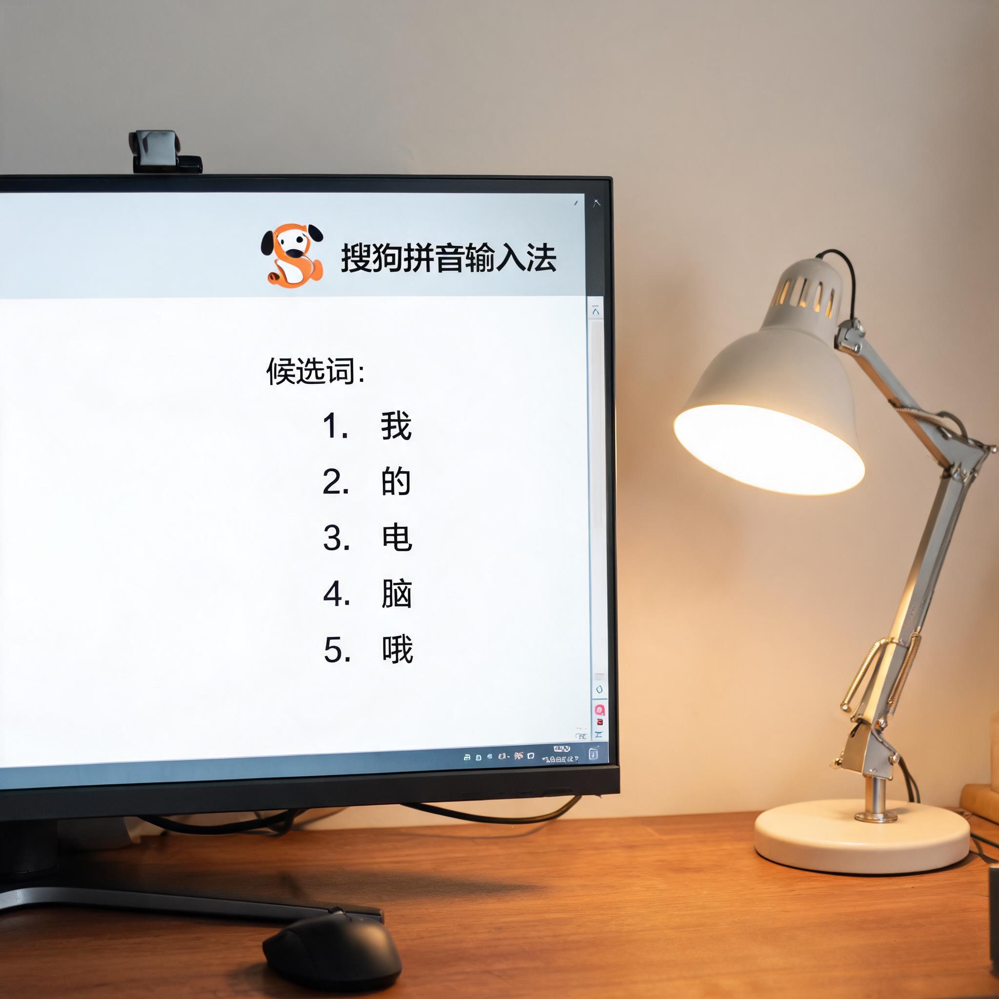 电脑桌上的电脑，屏幕显示搜狗拼音输入法界面，旁边放着台灯