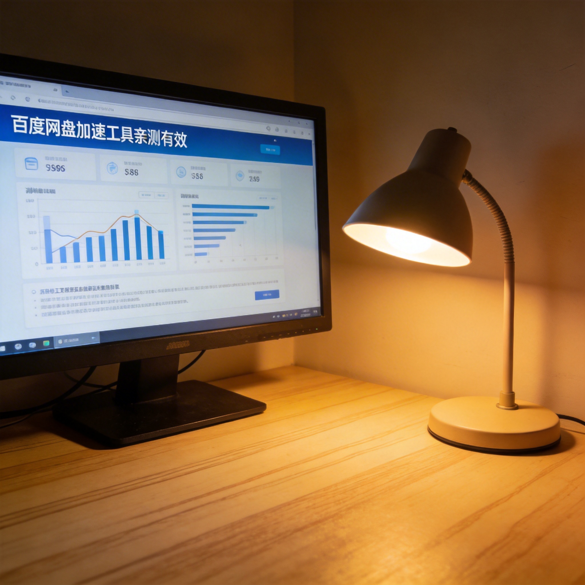 电脑桌上的电脑，屏幕显示百度网盘加速工具亲测有效界面，旁边放着台灯