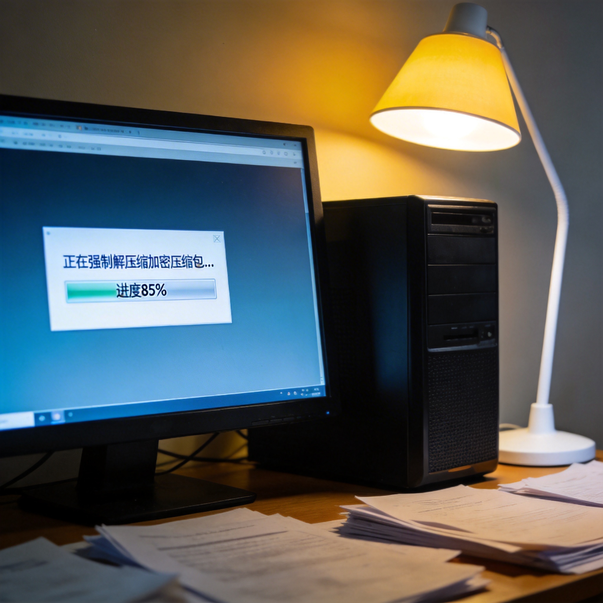 电脑桌上的台式机，屏幕显示加密压缩包强制解压缩界面，旁边放着台灯