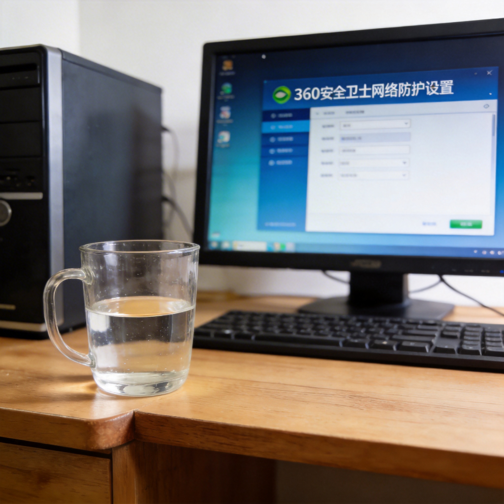 书桌上的主机，屏幕显示360 安全卫士网络防护设置界面，桌角放着水杯，自然光