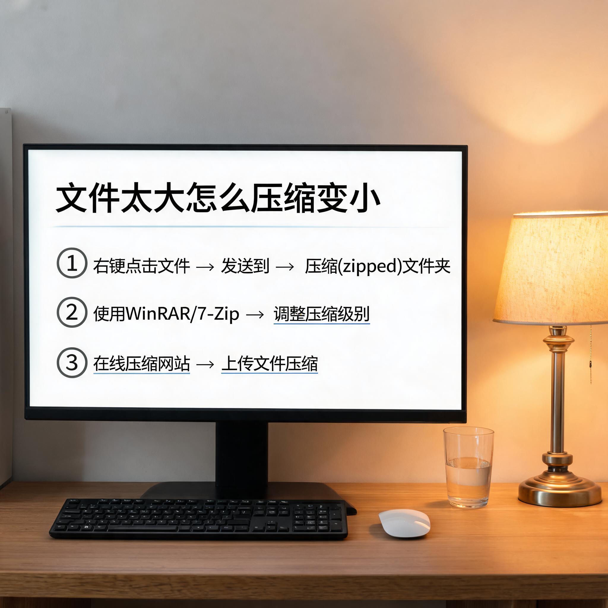 电脑桌上的电脑，屏幕显示文件太大怎么压缩变小界面，旁边放着台灯