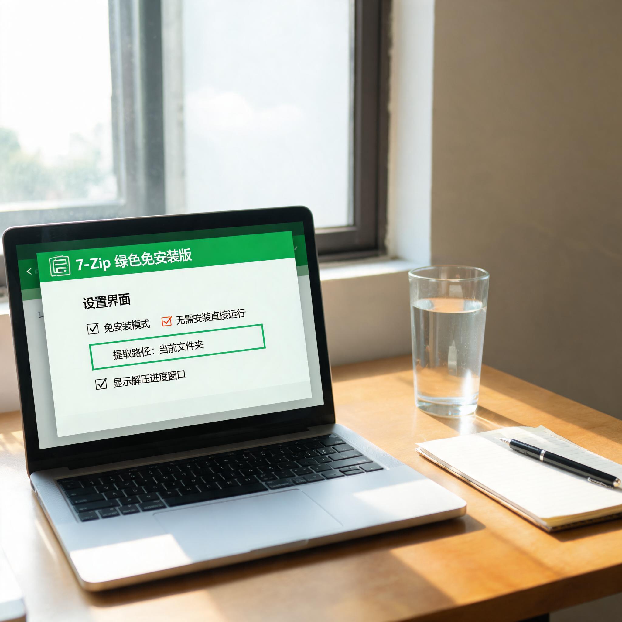 书桌上的电脑，屏幕显示绿色版解压缩工具免安装设置界面，桌角放着水杯，自然光