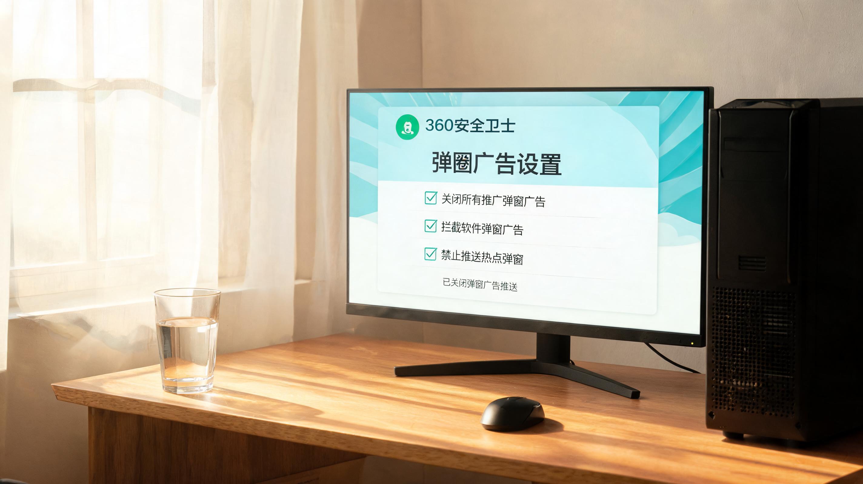 书桌上的主机，屏幕显示360 卫士怎么关闭弹窗广告设置界面，桌角放着水杯，自然光