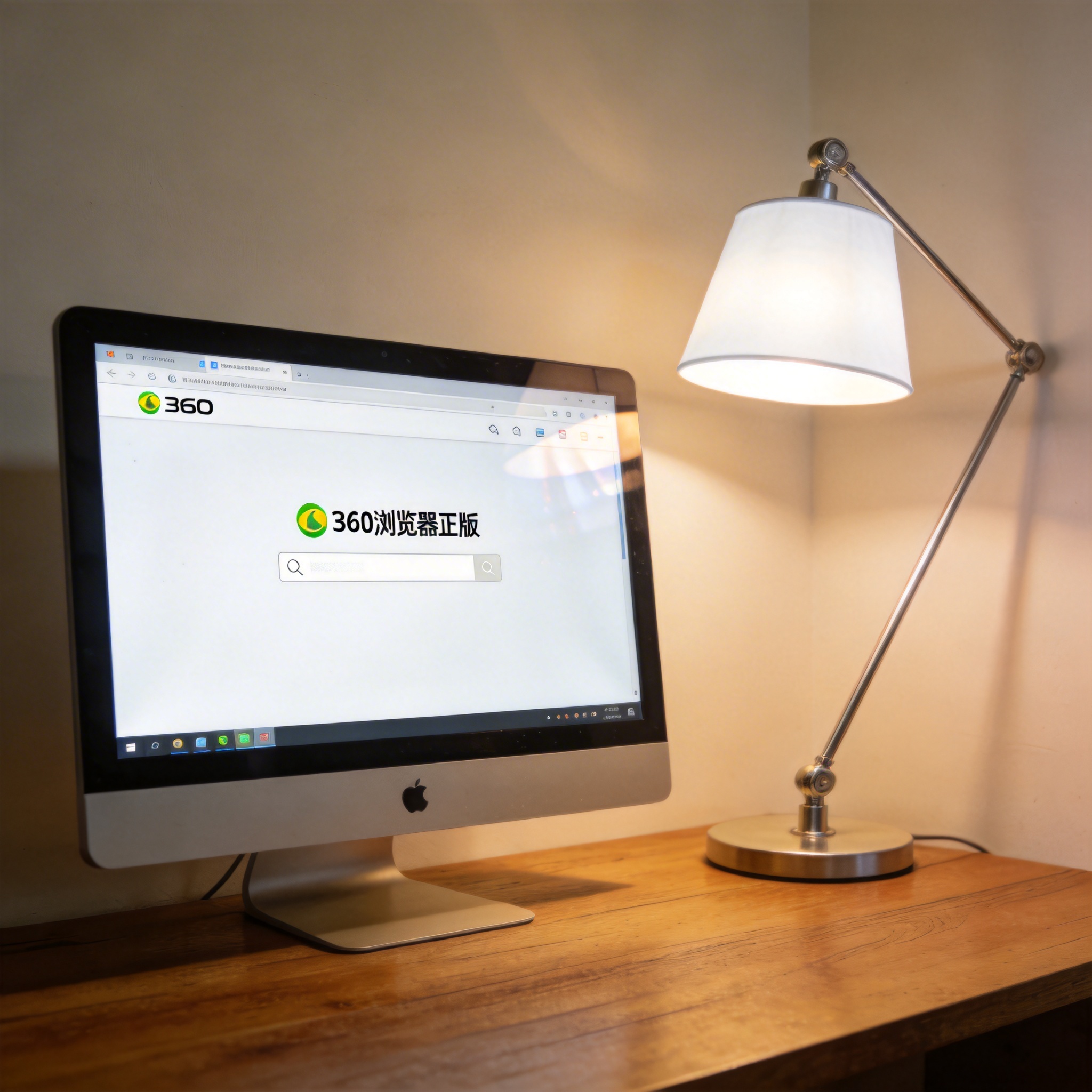 电脑桌上的电脑，屏幕显示360 浏览器正版界面，旁边放着台灯