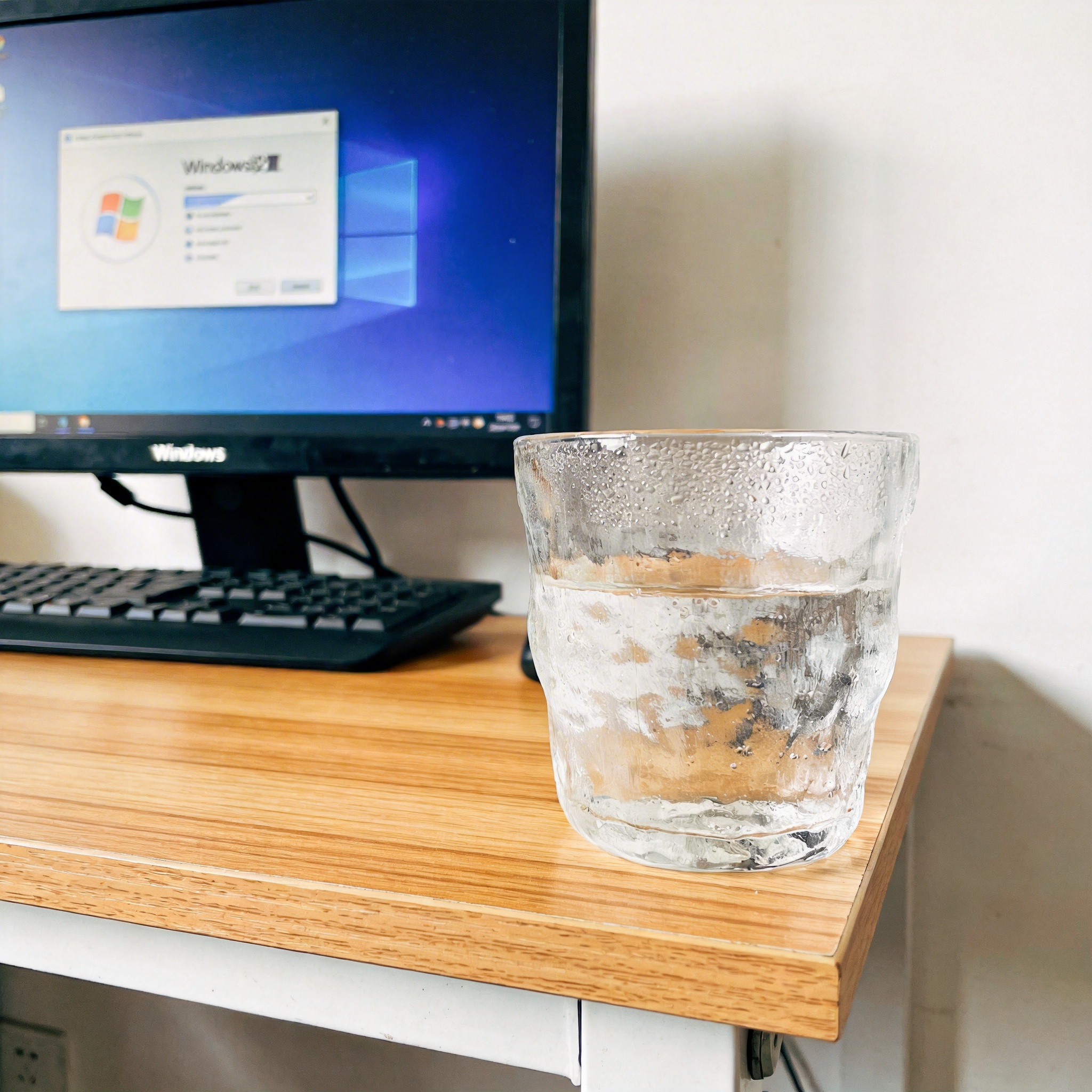 书桌上的主机，屏幕显示Windows设置界面，桌角放着水杯，自然光