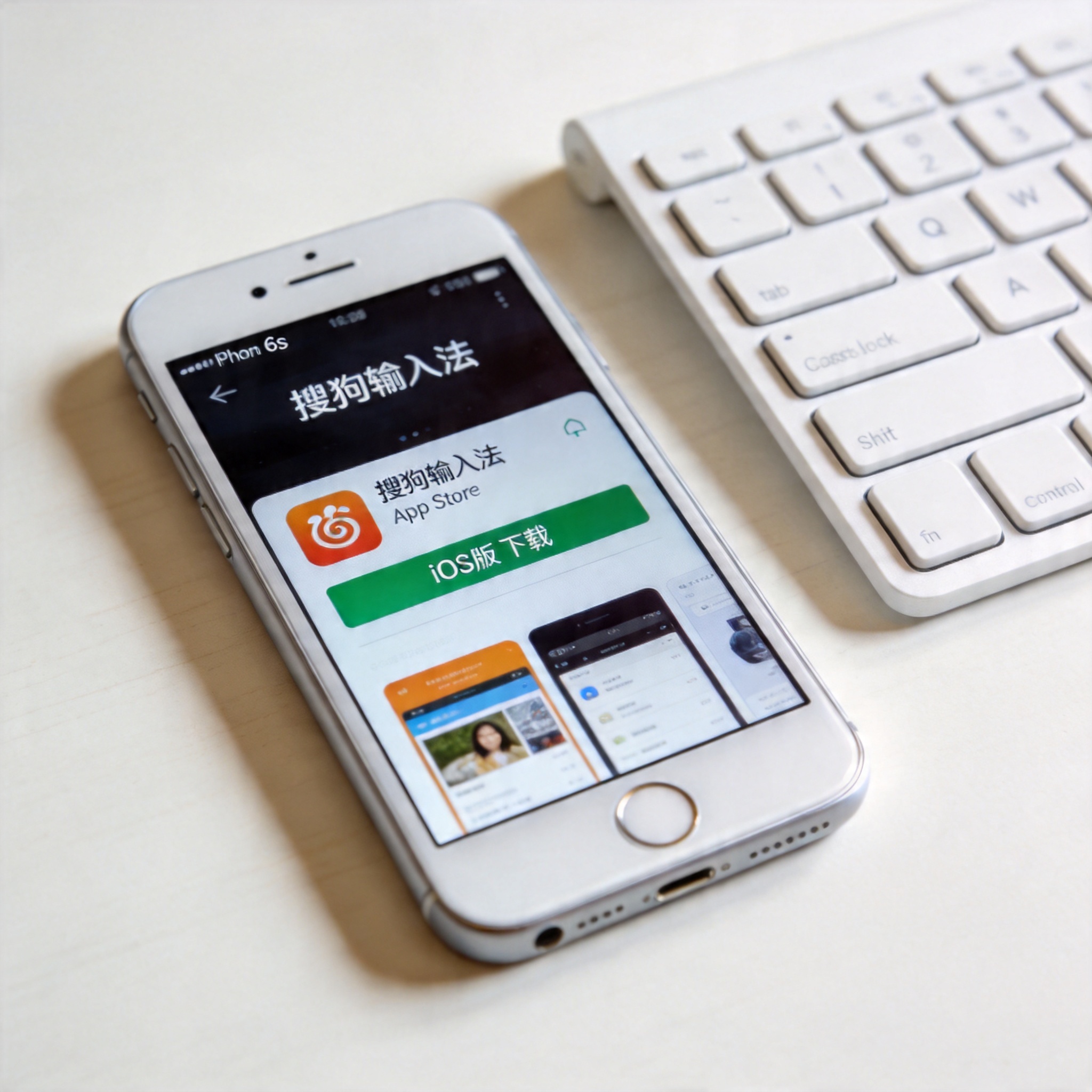 桌面放着iPhone 6s，屏幕显示App Store里的搜狗输入法iOS版下载界面，旁边摆着外接键盘，室内自然光