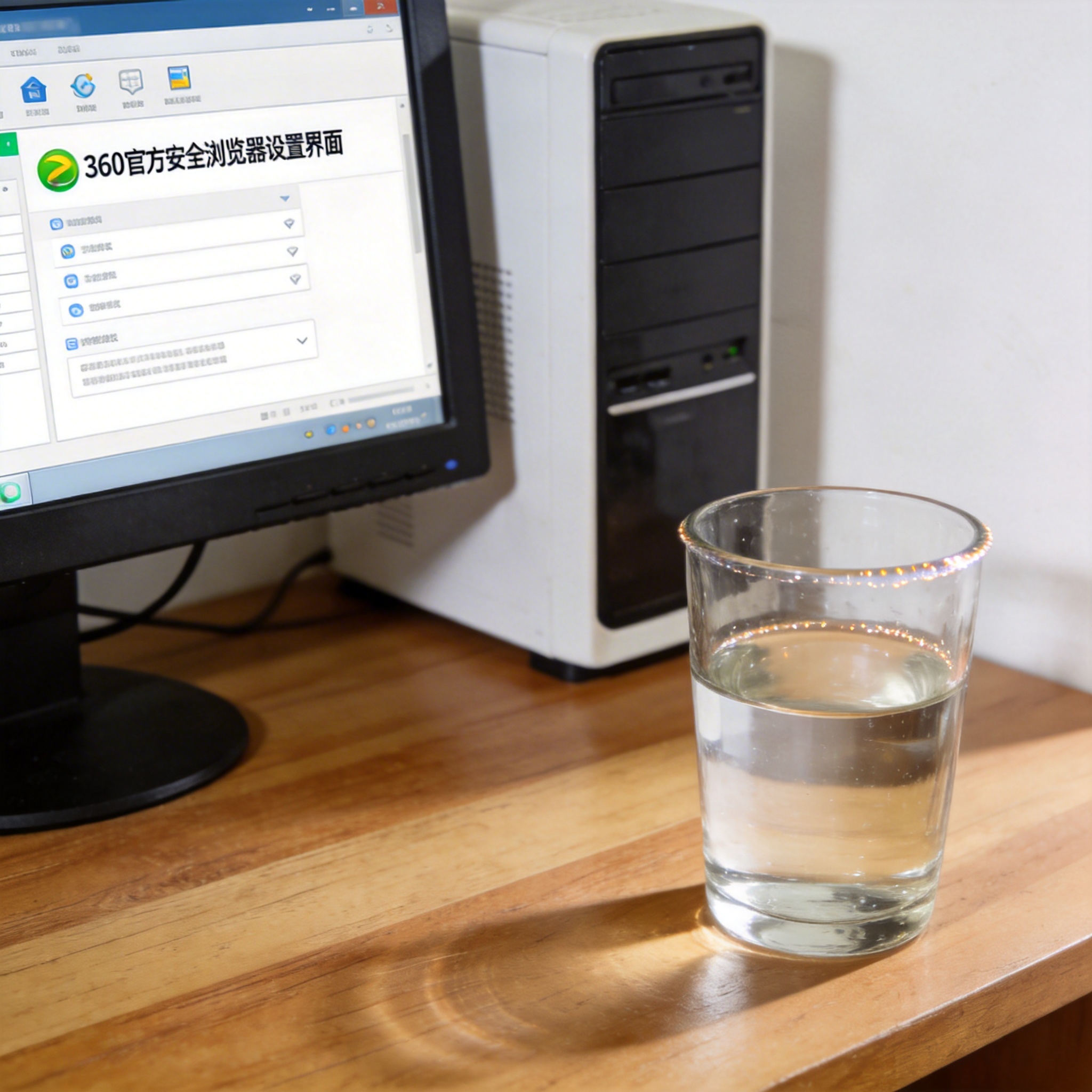 书桌上的主机，屏幕显示360 官方安全浏览器设置界面，桌角放着水杯，自然光