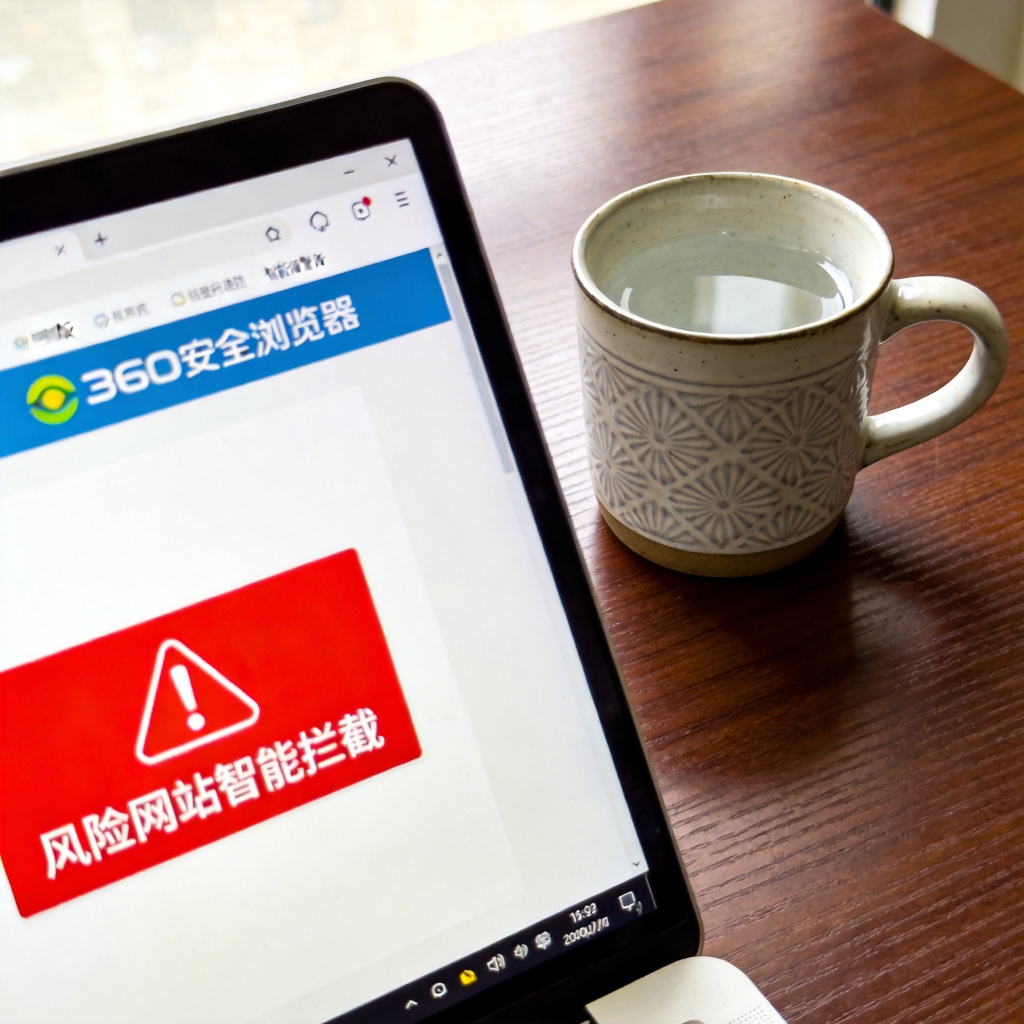 办公桌上的电脑，屏幕显示电脑版360安全浏览器的智能拦截红色预警界面，旁边放着陶瓷水杯，室内自然光