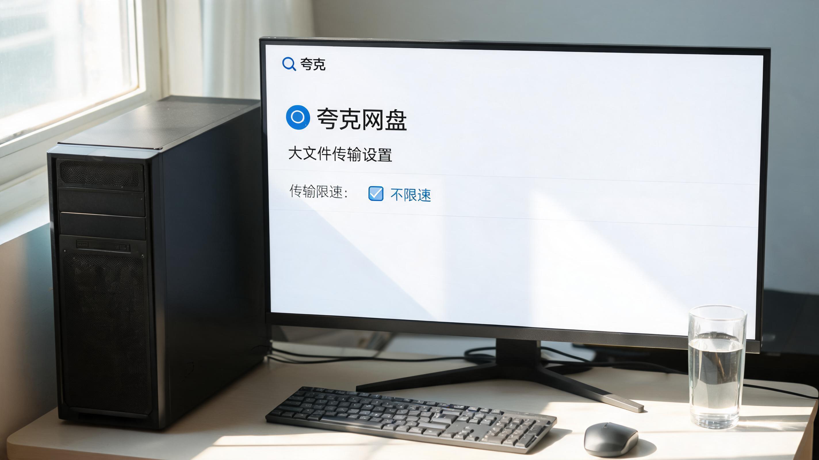 书桌上的主机，屏幕显示夸克网盘大文件传输不限速设置界面，桌角放着水杯，自然光